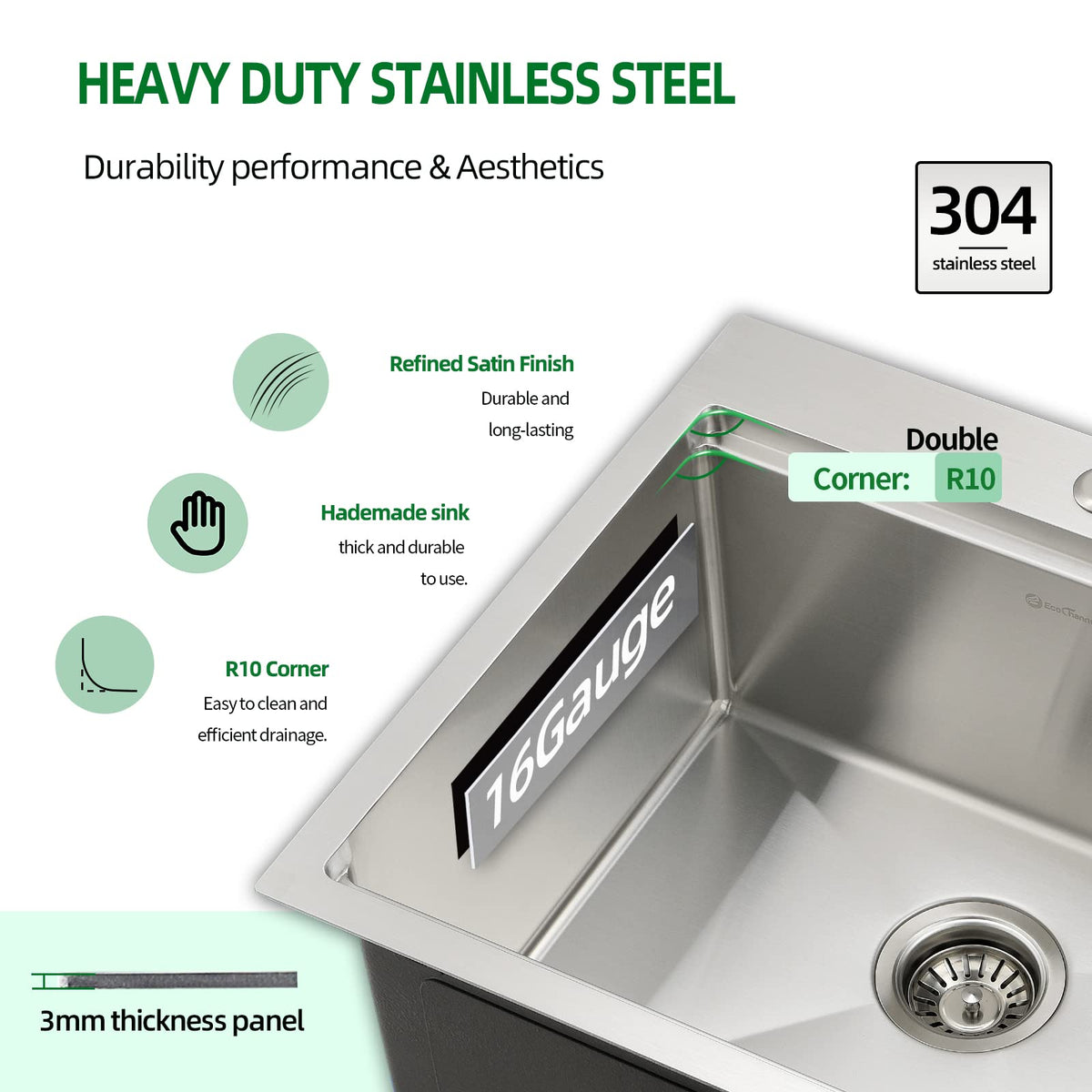 EcoChannels Kitchen Sink, 21 x 20 x 10 Drop in Kitchen Sink 16 Gauge Stainless Steel Kitchen Sinks Single Bowl Workstation Sink with Cutting Board