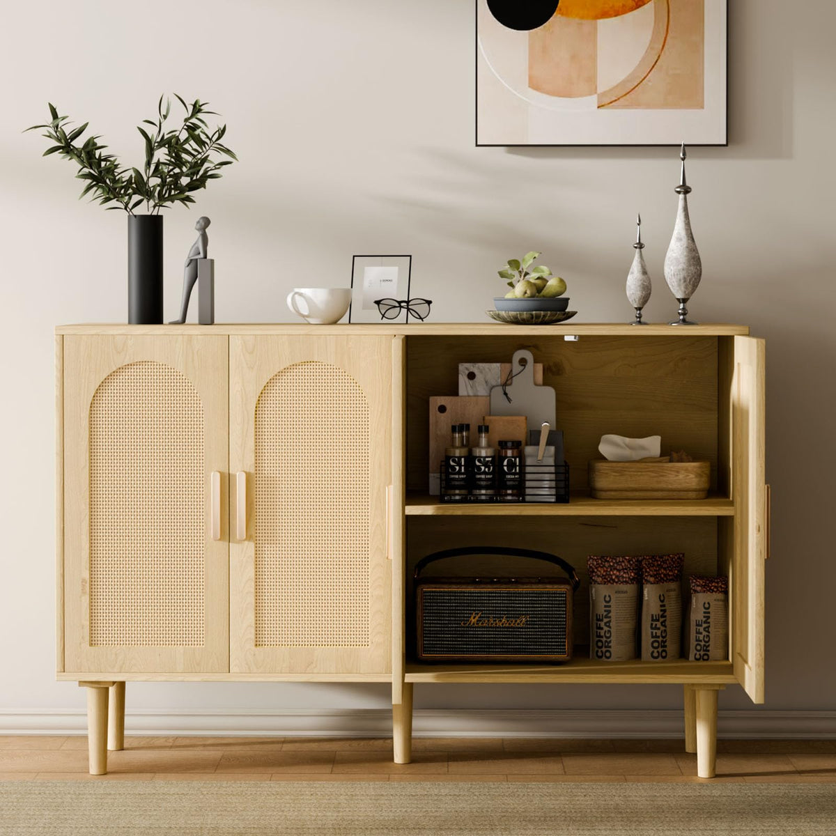 Sideboard Buffet Cabinet with Storage, Retro Rattan Storage Cabinet Kitchen Sideboard Buffet with Artistic Carved Handle for Dining Room Living Room, (Oak)