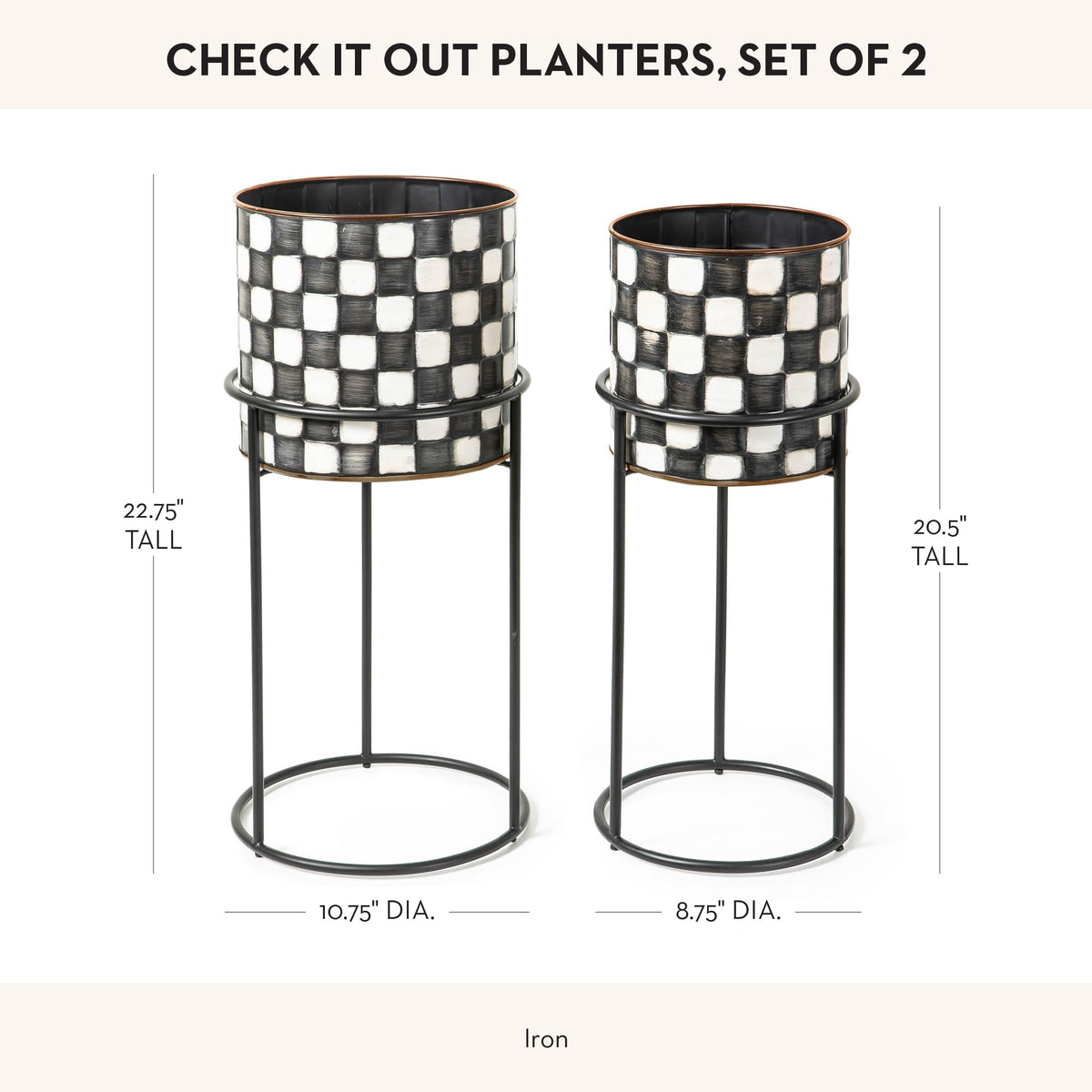 MACKENZIE-CHILDS Set of 2 Check It Out Metal Planters, Black-and-White Garden Planter
