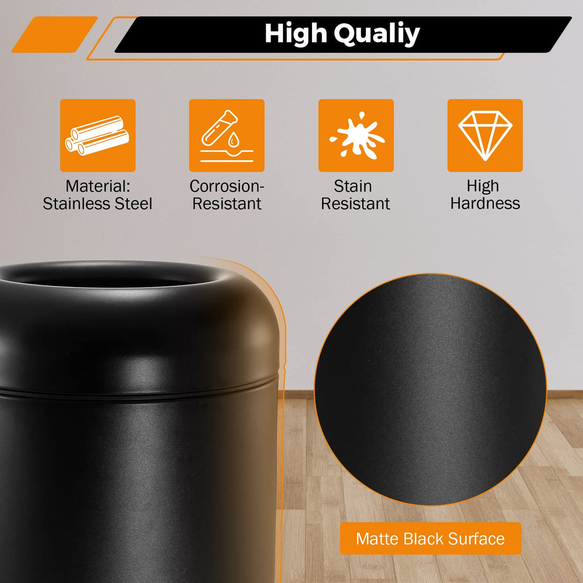 BEAMNOVA Commercial Trash Can 16.5 Gallon Open Top Outdoor Indoor Garbage Enclosure Inner with Lid Inside Barrel 14.6 * 32.7 inch Stainless Steel Industrial Waste Container