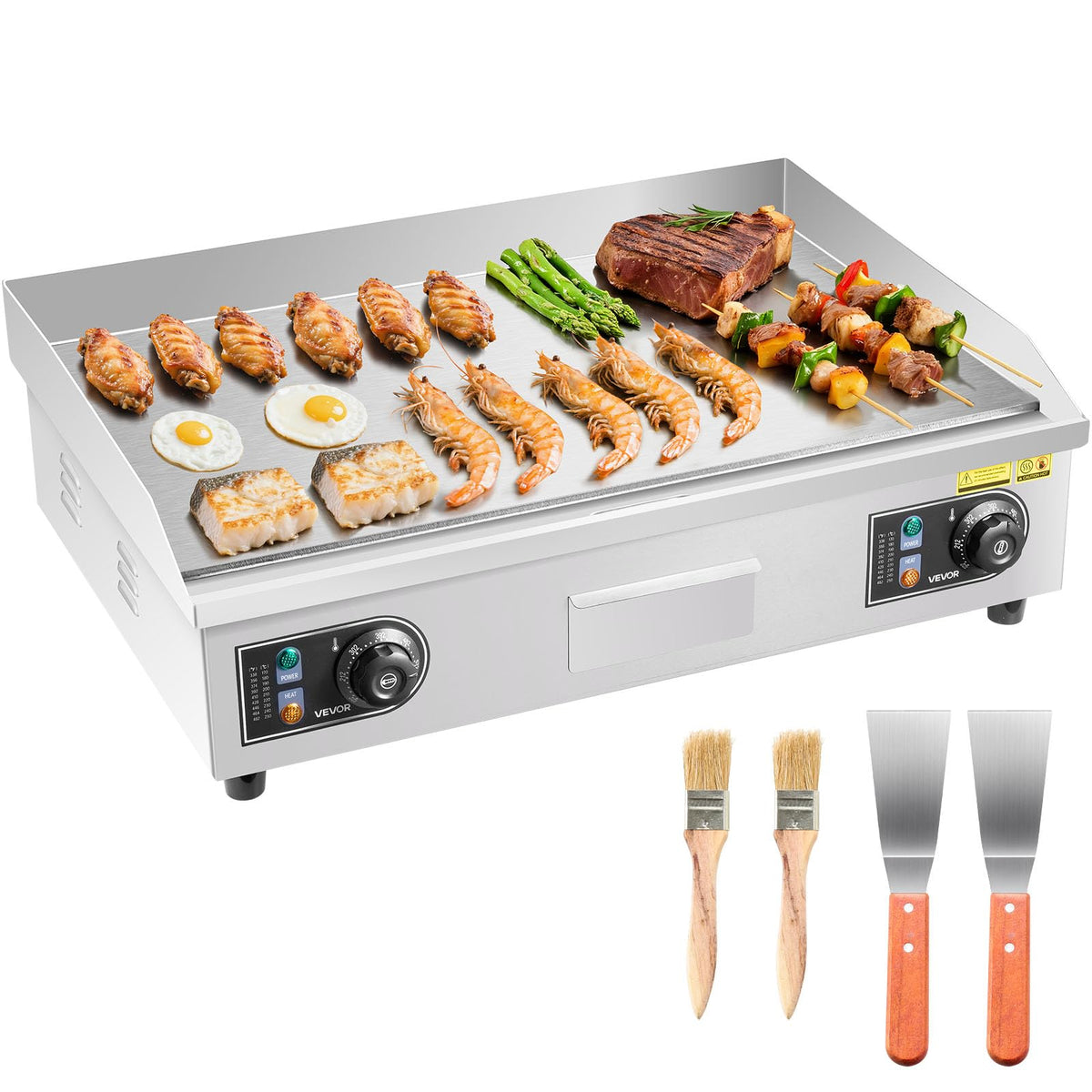 VEVOR Commercial Electric Griddle, 25.79 x 15.75 inch, 2800W, 122-570°F Adjustable Temp Control, Stainless Steel Body, Full Flat, with 2 Spatulas, 2 Brushes, and 4 Foot Pads, for Steak(NO PLUG)