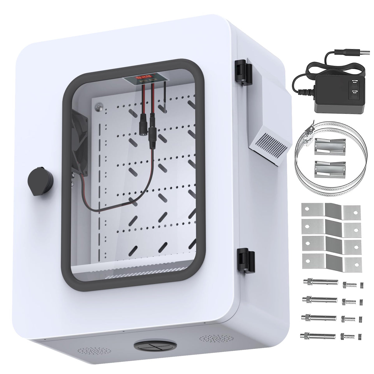 Akwscyby Outdoor Electrical Box with Clear Window and Thermostat and Fan, Precise Temperature Control 0.1°F, IP65 Water Resistant Rating, Galvanized Steel, Aluminum Rear Beam(17.7" x 13.8" x 7.9")