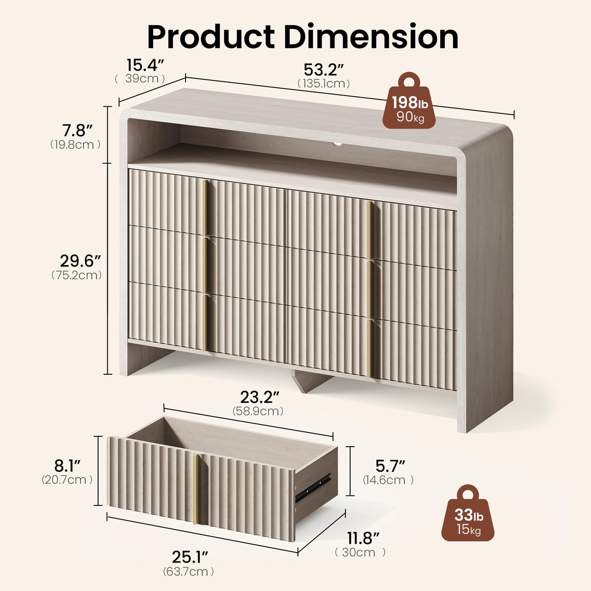 ModernMate 6 Drawer Dresser with Open Shelf, 53.2" Wide Fluted Dresser for Bedroom, Wood Chest of Drawers, Modern Storage Cabinet with Metal Handles, Anti-Tip Clothes Organizer, White Alder