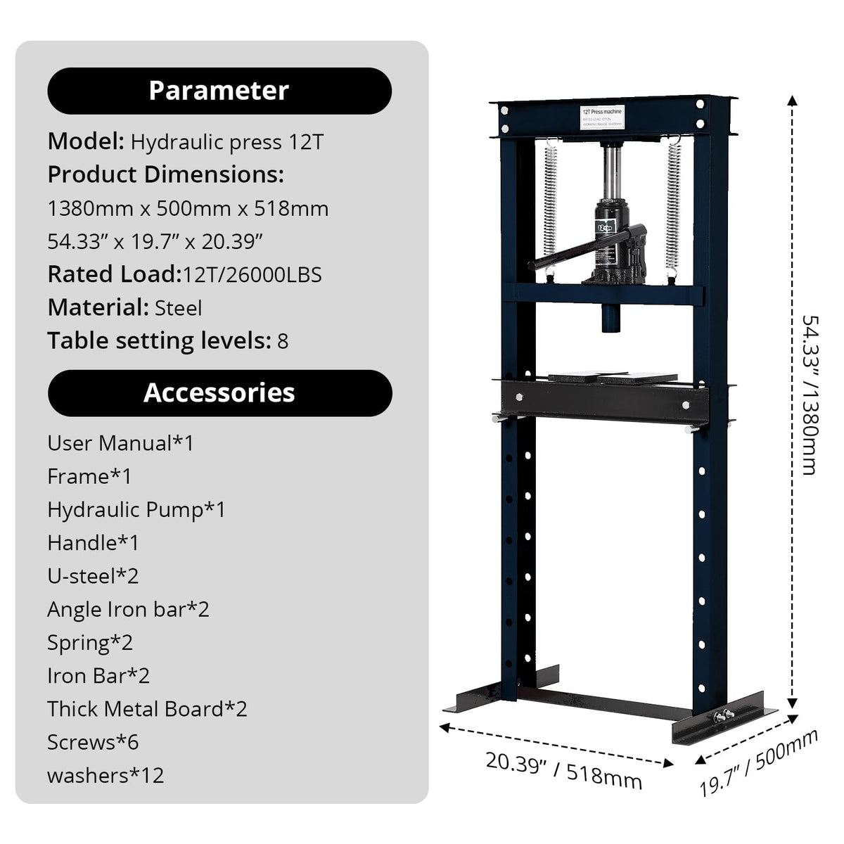 12T Hydraulic Press, Heavy Duty H-Frame Garage Floor Hydraulic Shop Press with Press Plates, Adjustable Working Table Height, for Auto Repair, Black