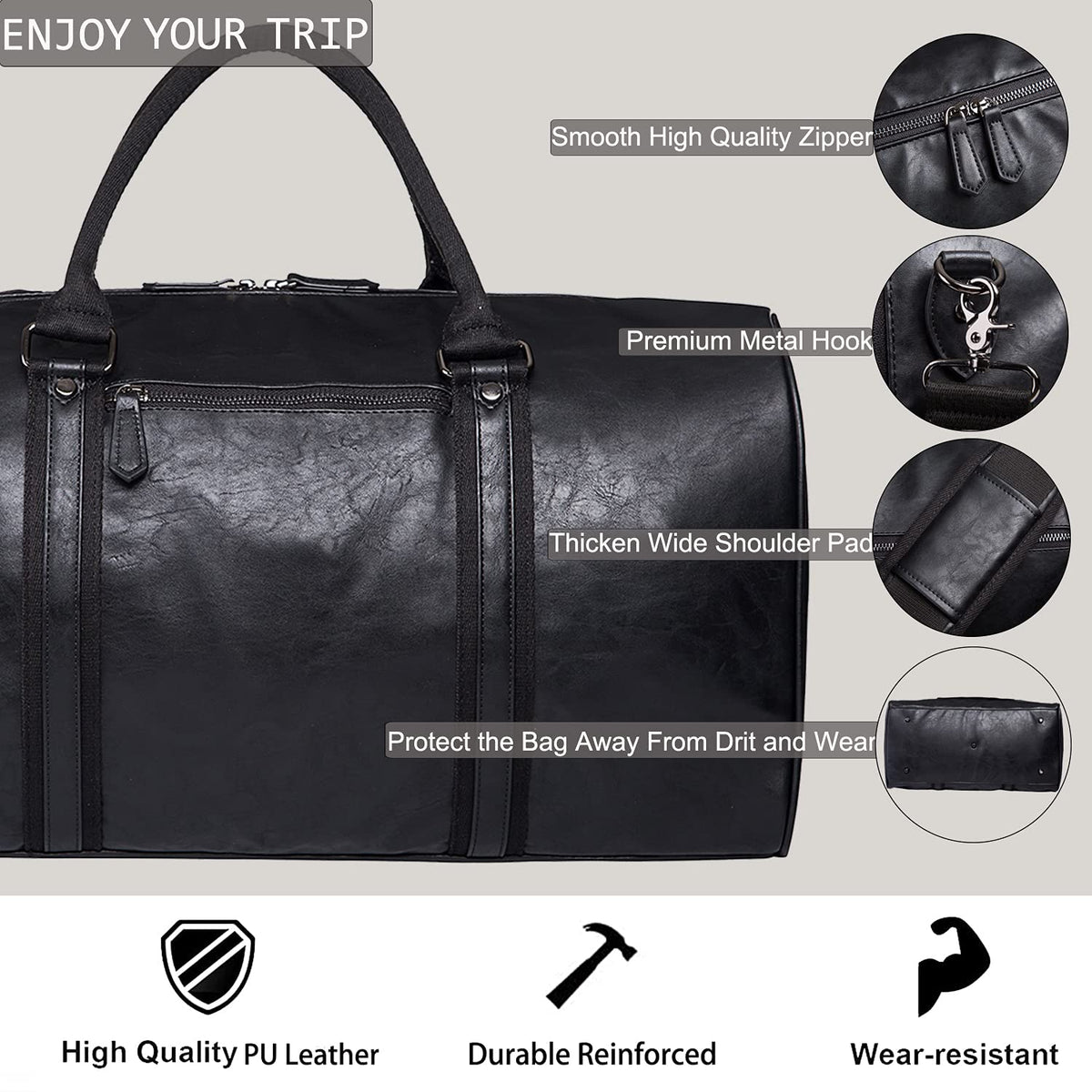 seyfocnia Oversized Travel Duffel Bag, Waterproof Leather Weekend bag Gym Sports Overnight Large Carry On Hand Bag-Black