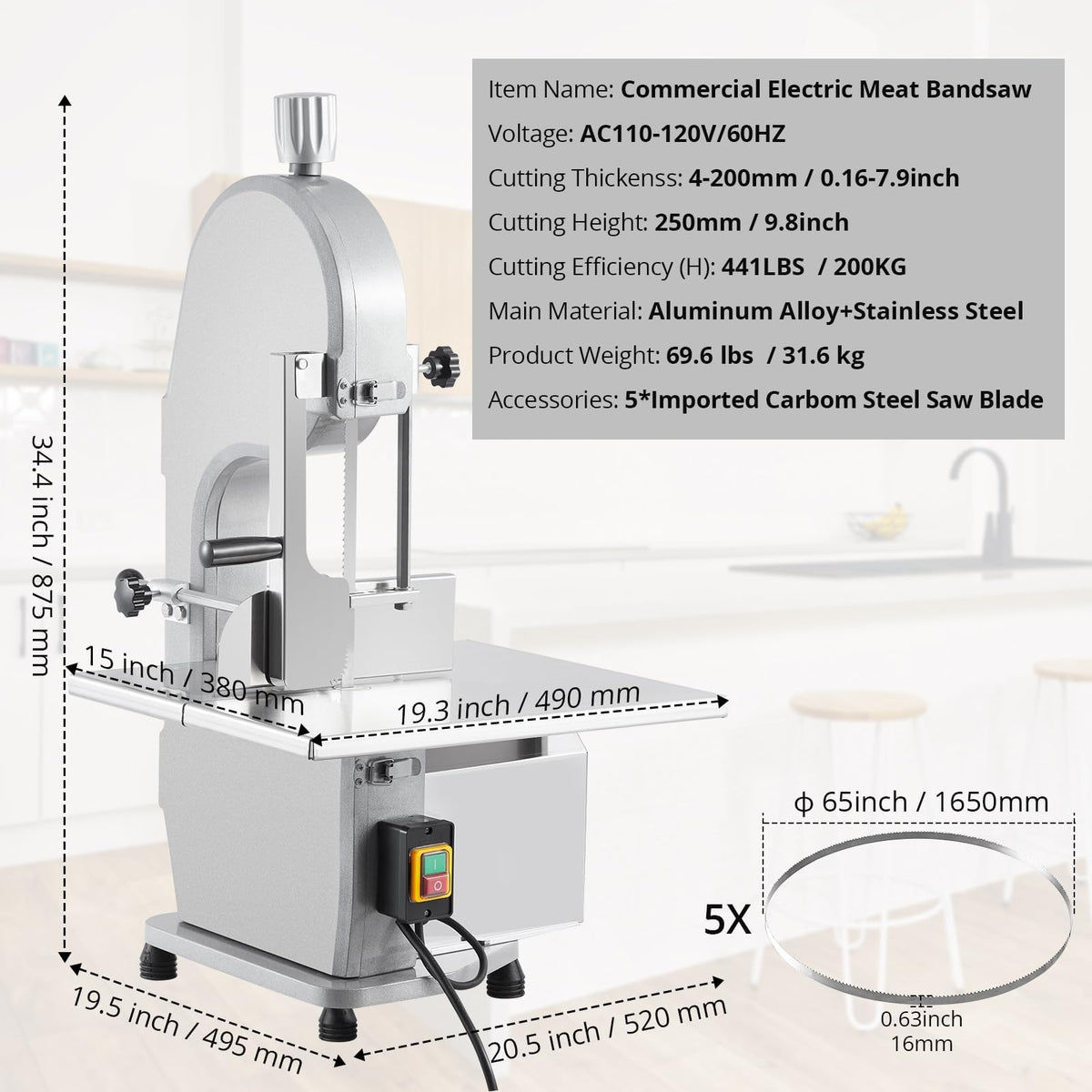 1500W Commercial Electric Bone Saw Machine, Frozen Meat & Bone Cutter with 5 Saw Blades, Adjustable 0.16-7.09 Inch Thickness, 19.3"x15" Stainless Work Table for Butcher Shops, Restaurants, Supermarket