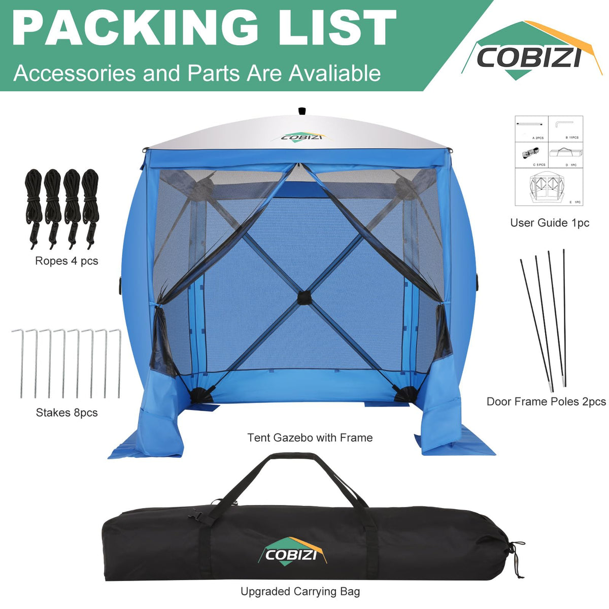 COBIZI 6x6 FT Pop up Gazebo, Popup Canopy Tent, Screened in Gazebos with sidewalls, Waterproof Portable Outdoor Small Screen Tents Sun Shelter,carpas para Patio for Camping, Garden and Backyard,Blue