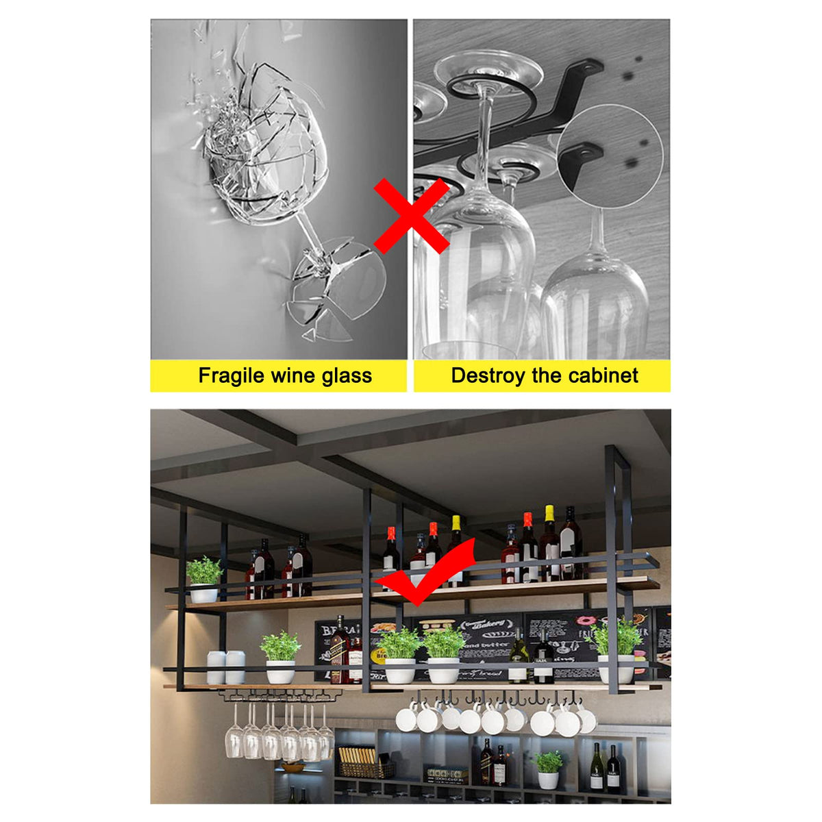Ceiling Wine Glass Rack - 39.3in Hanging Wine Rack with Glass Holder and Shelf, 2 Layer Industrial Hanging Wine Bottle Holder, Black Metal Ceiling Shelf for Bar Cafe Kitchen (Black, 39.3×11.8×31.4in)