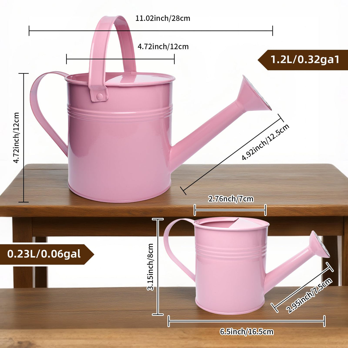 Small Metal Watering Can Set, Pink, 1.2L and 0.23L Garden Cans with Long Spout, Indoor Outdoor Plant Care (Pink)
