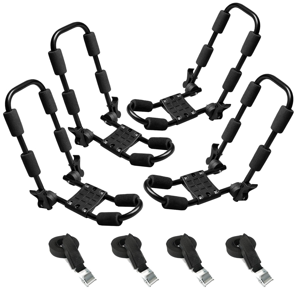 Folding Kayak Roof Rack for Car Holds 2 Kayaks - Kayak J Bar for Canoe, Surf Board, SUP - J Kayak Carrier Mount on Rooftop Crossbar with 4 Tie Down Straps, Fits SUVs, Trucks, Jeeps