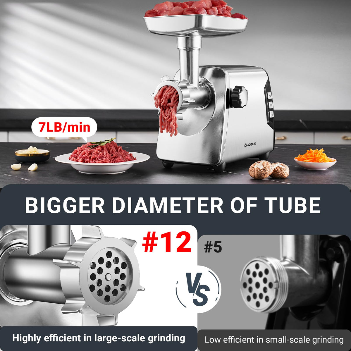 AAOBOSI #12 Meat Grinder, [3000W] 3 Speed Meat Grinder Heavy Duty: Built-in Storage Box, 2 Blades,4 Plates,3 Sausage Stuffers,Kibbe Kit,Meat Claw & Burger Press, for Home & Kitchen Use