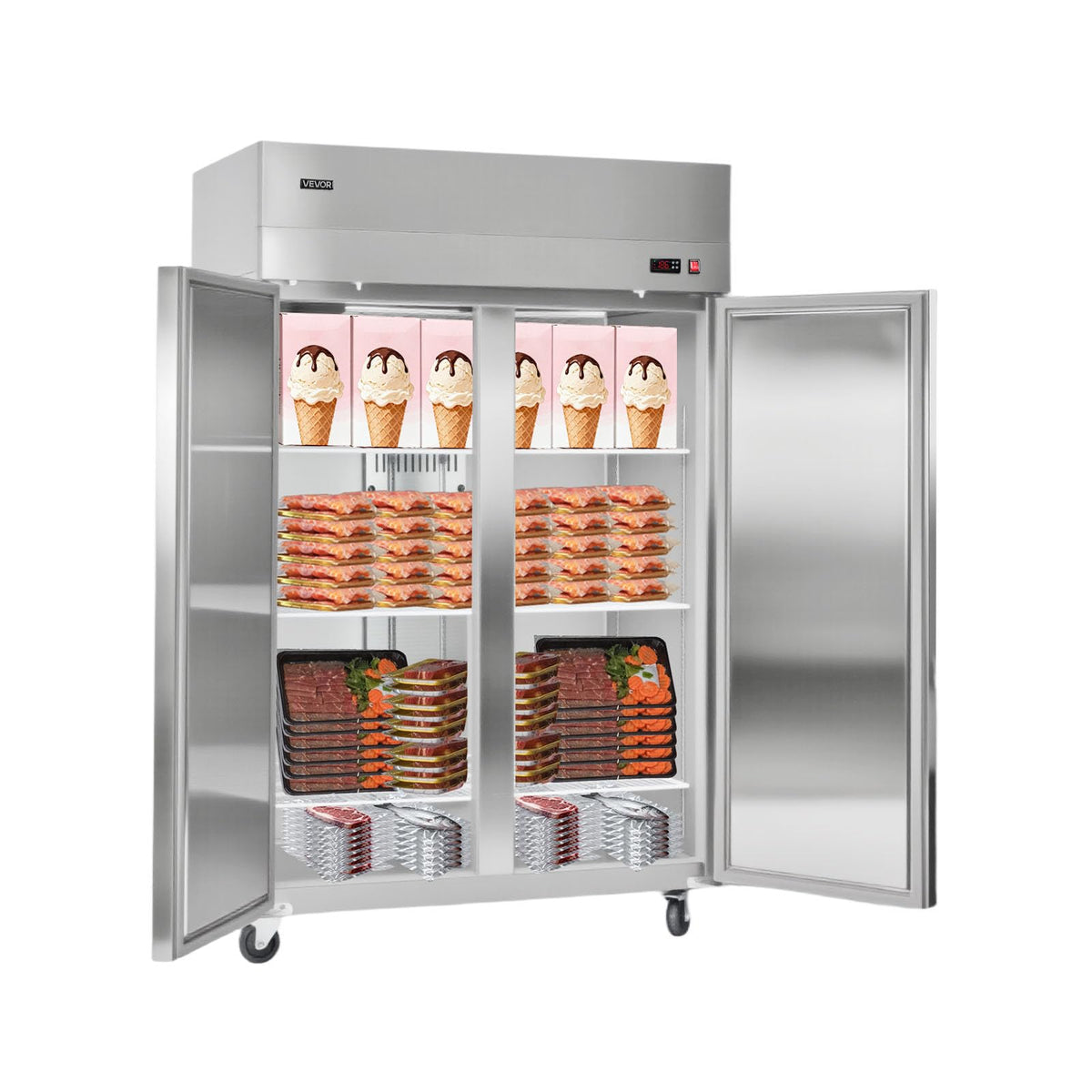 VEVOR Commercial Reach-In Freezer 48" W, 33 Cu.Ft Stainless Steel Upright Freezer with Double Glass Doors, Auto-Defrost, 6 Adjustable Shelves, -11 to 14℉ Temp Control, UL Certified