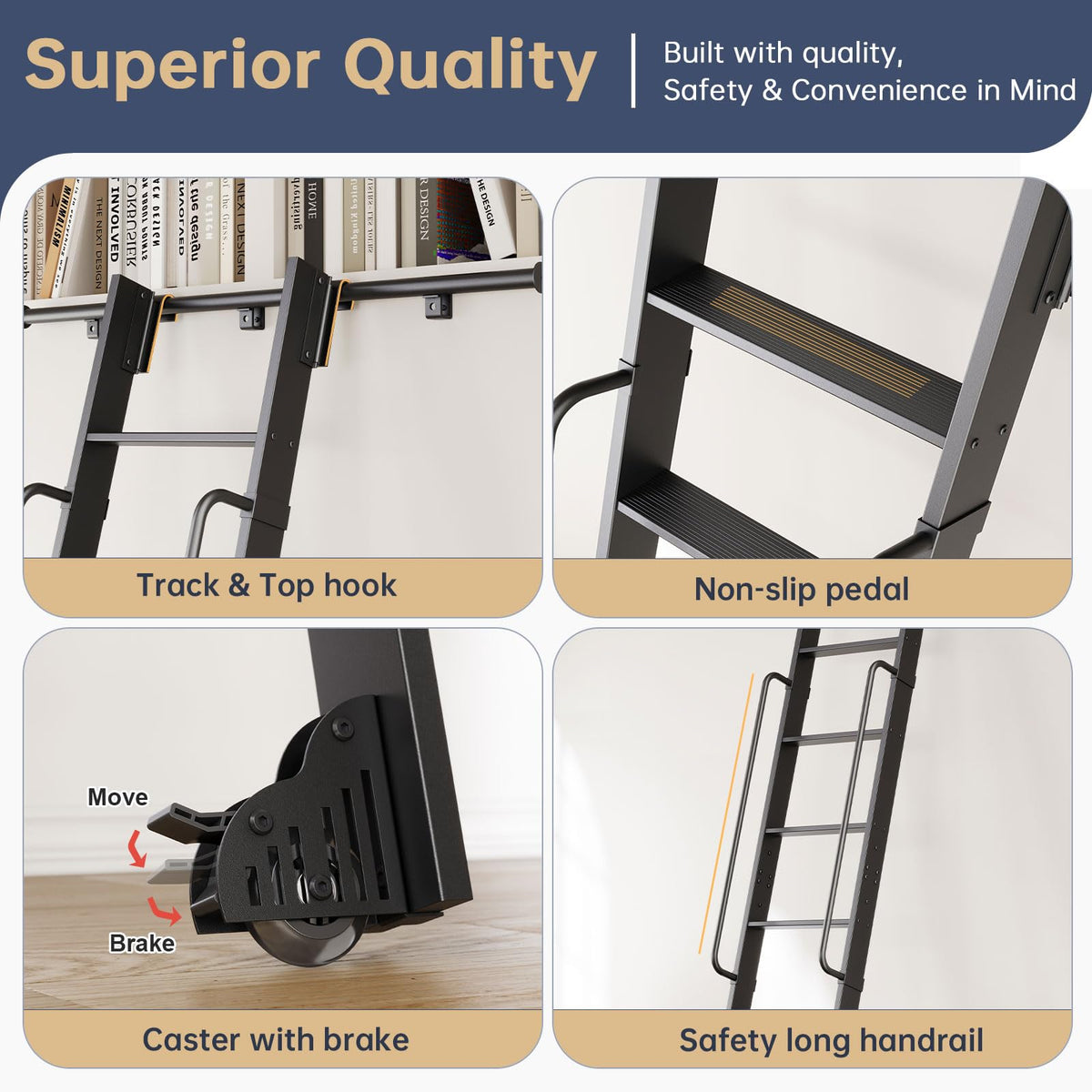 CEAKIAN 9FT Aluminum Rolling Library Ladder with 4FT Sliding Hardware Kit,Telescopic Hook Track with Brake Wheel,8 Steps with Handrail,450lbs Capacity,Black,Easy Assembly,for Loft Bookcase Attic Home