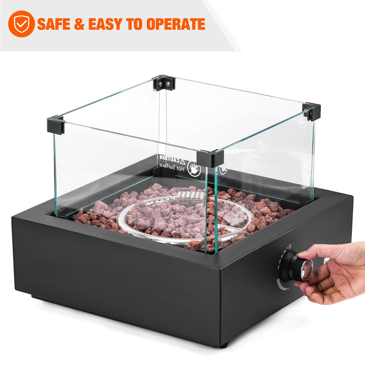 ONLYFIRE OUTDOOR LIVING 15.7" Portable Propane Gas Fire Pit Side-Mounted, Modern Tabletop Fireplace Smokeless Firepit with Glass Wind Guard for Patio Camping RV Tailgating, 23000BTU, Square FP040