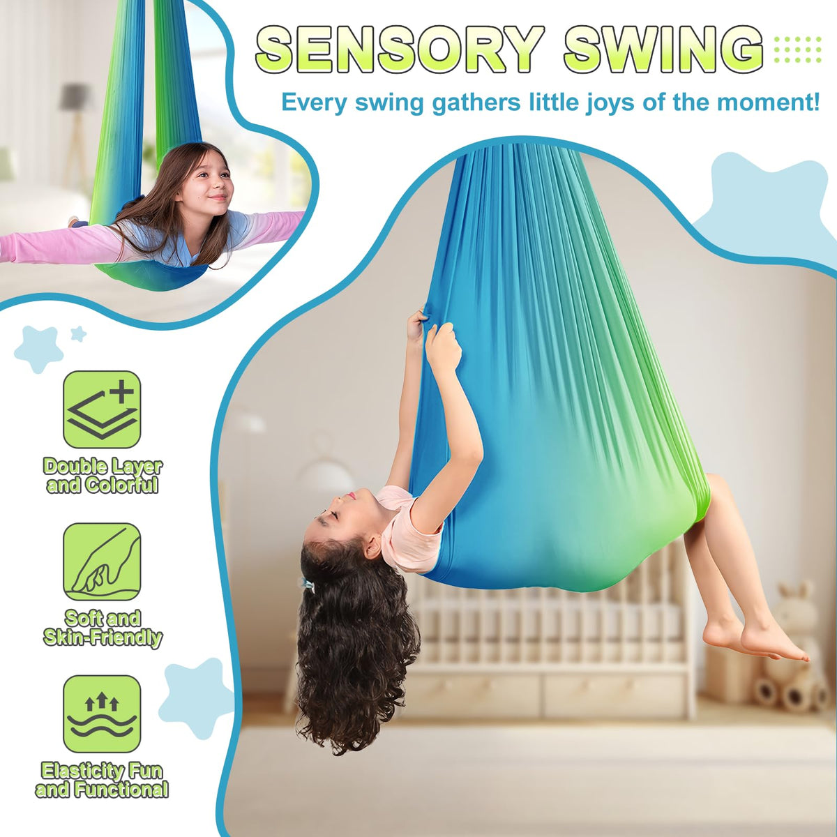 Swing Stand with Sensory Swing, Swing Frame with Pod Swing, X-Shaped Swing Set, Metal Swing Chiar with Stand for Adults Indoor and Outdoor 330LBS (Aqua Gradient)
