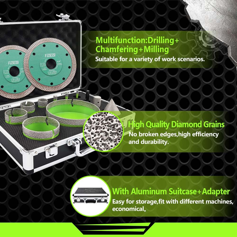 FACHLICH Tile Hole Saw Kit Diamond - (6/8/10/25/35/50/75/127mm Drill Bits+Finger Bit+Chamfer Bit+Adapter+Tile Blade) Diamond Hole Saw Kit for Porcelain Ceramic Marble Brick Granite,5/8"-11 Thread