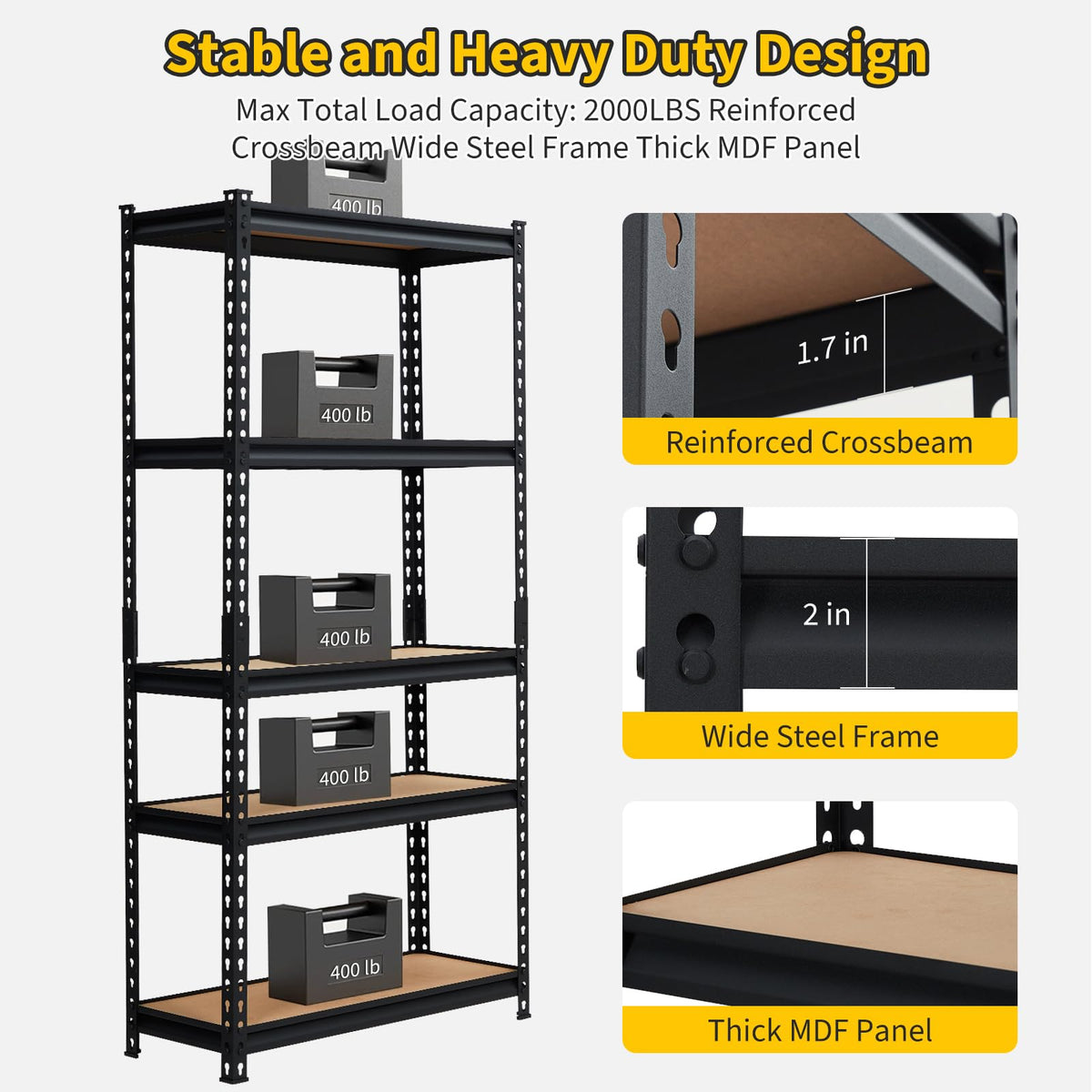 5-Tier Metal Adjustable Storage Shelving Unit, 2000 LBS Heavy-Duty Garage Shelve, 48'' x 24'' x 72'' Shelf Organizer for Garage, Kitchen, Bathroom Laundry, Closet (Black)