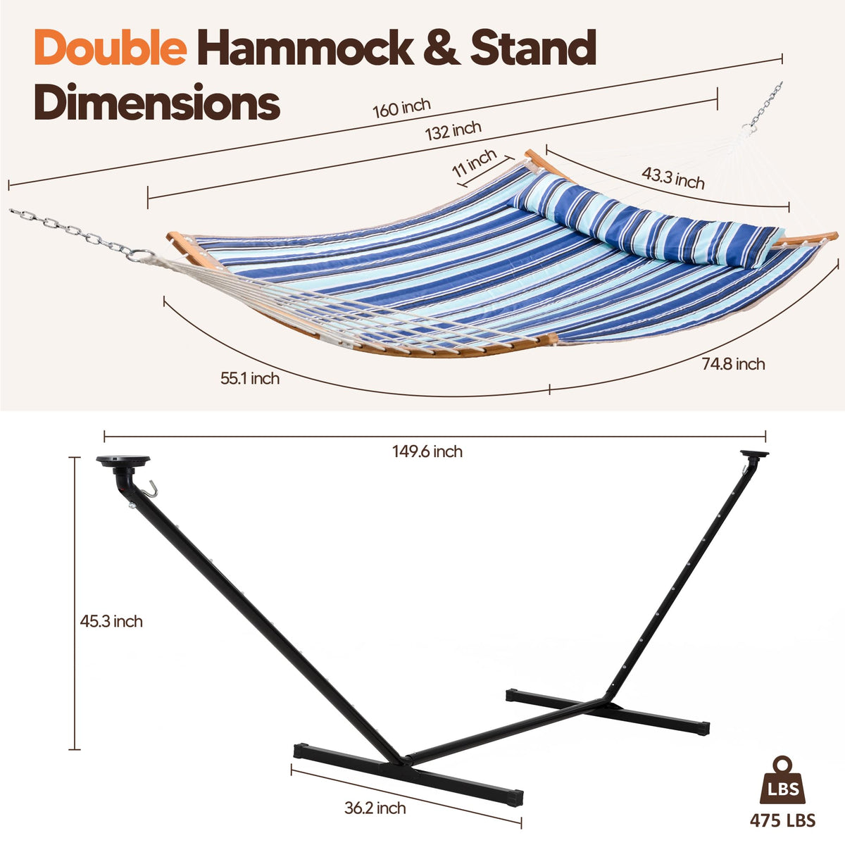 SUNCREAT Double Hammock with 12 ft Stand, Solar Powered Lights Included, Outdoor Hammock for Outside, Blue & White