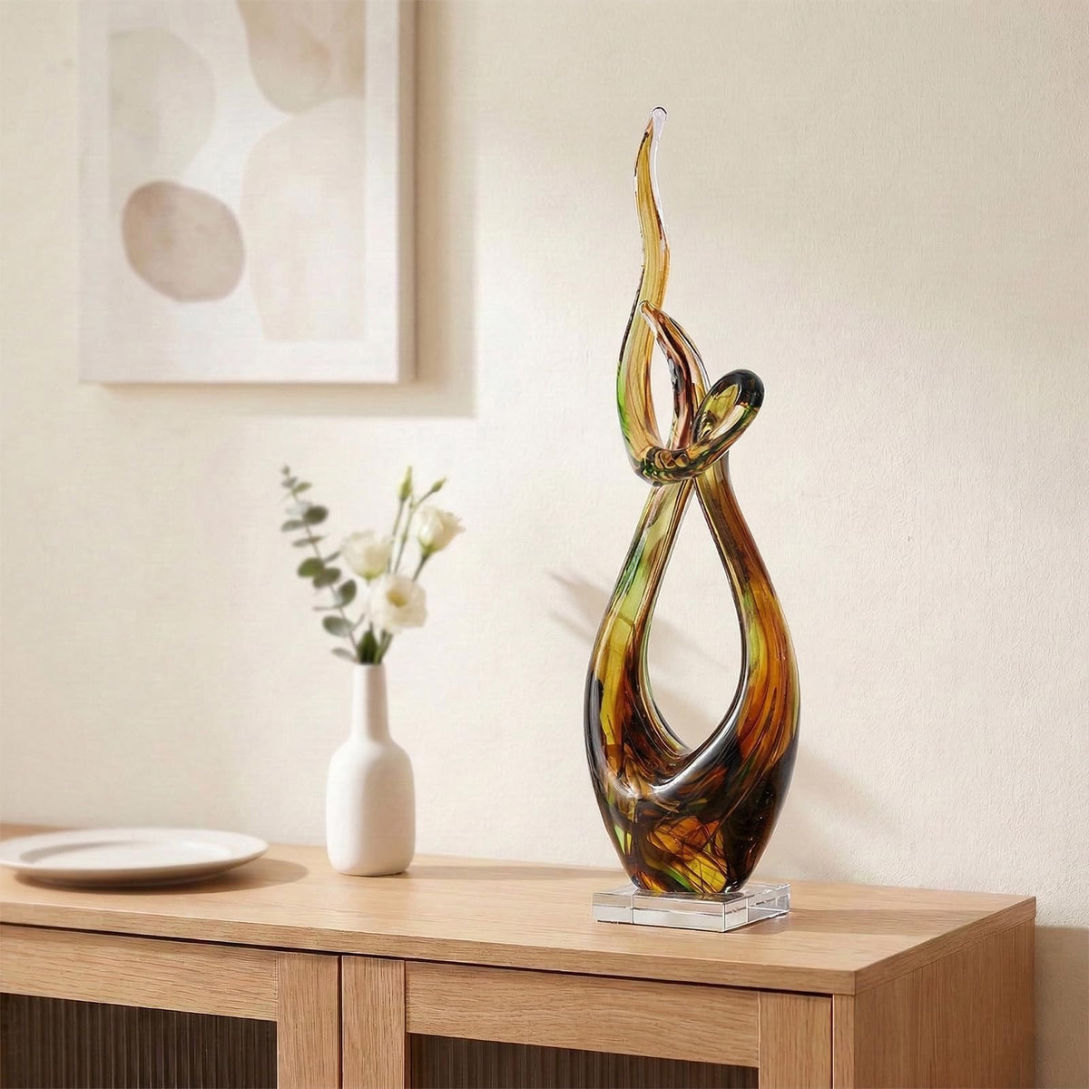 LCCCK 21.7in Tall Abstract Glass Sculpture Knot Spiral Statue, Amber Hand Blown Glass Art Decor for Home Living Room Bedroom Shelf Mantel Tabletop Display Decorative Figurine