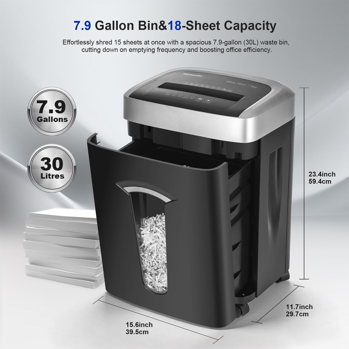 Wingwise 18 Sheets 120-Minute Paper Shredder, 7.9 Gallon Bin, P4 Cross-Cut Heavy-Duty Shredder for Home & Office Use