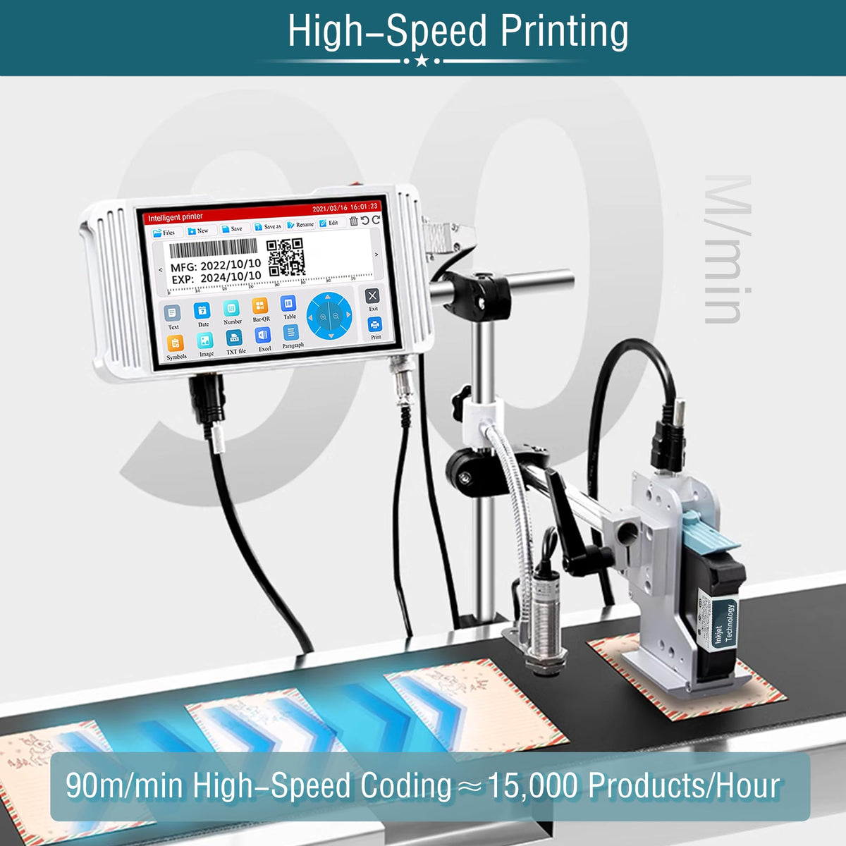 Phezer 0.5inch/12.7mm Automatic Online Inkjet Coding Machine for Production Line, 23 Languages, Intelligent Variable Data/Date/Logo/Barcode/Image Thermal Inkjet Printer, (1 Nozzle, 0-70M/min, PW1)