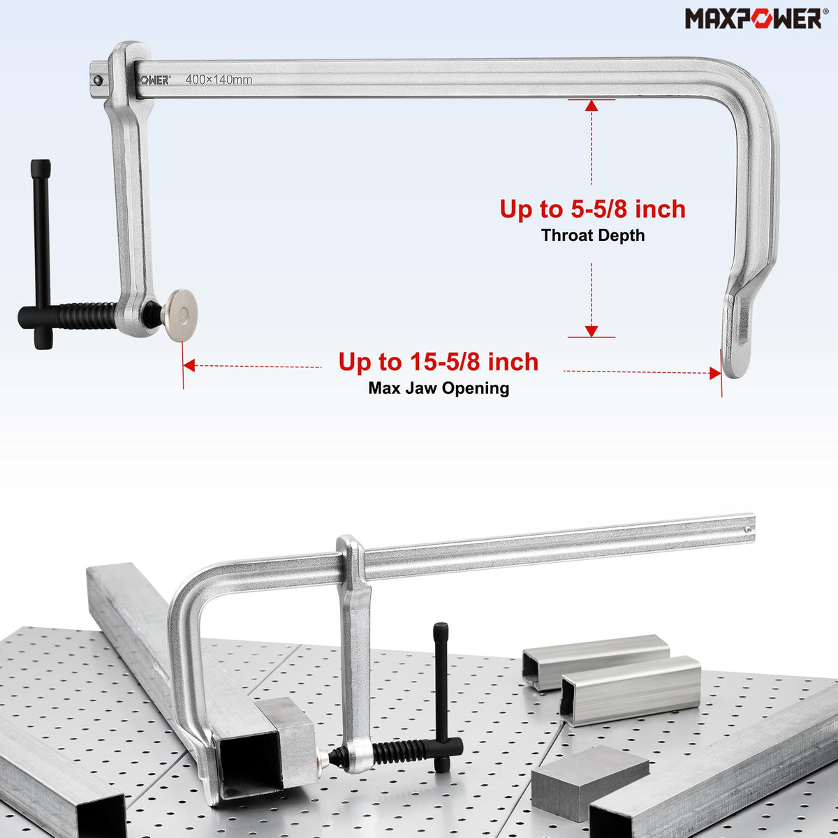 MAXPOWER Deep Throat F Clamp 15-5/8" x 5-5/8" (400 x 140 mm), Heavy Duty Bar Clamp for Welding, Pack of 4