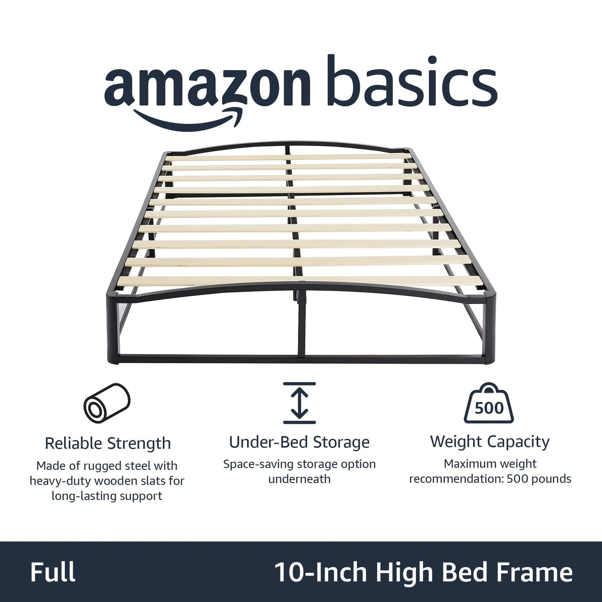 Amazon Basics Metal Platform Bed Frame with Wooden Slats, Sturdy Mattress Support, 10 Inches High, Under-Bed Storage, Full, Black