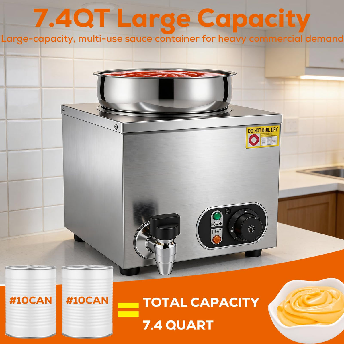 EKVILI 7.4 Qt Stainless Steel Cheese & Sauce Warmer with Temperature Control – Commercial Water Bath Food Heater for Cheese, Chocolate, Sauces, Soups, Nachos, Popcorn, Catering & Buffet （110V）
