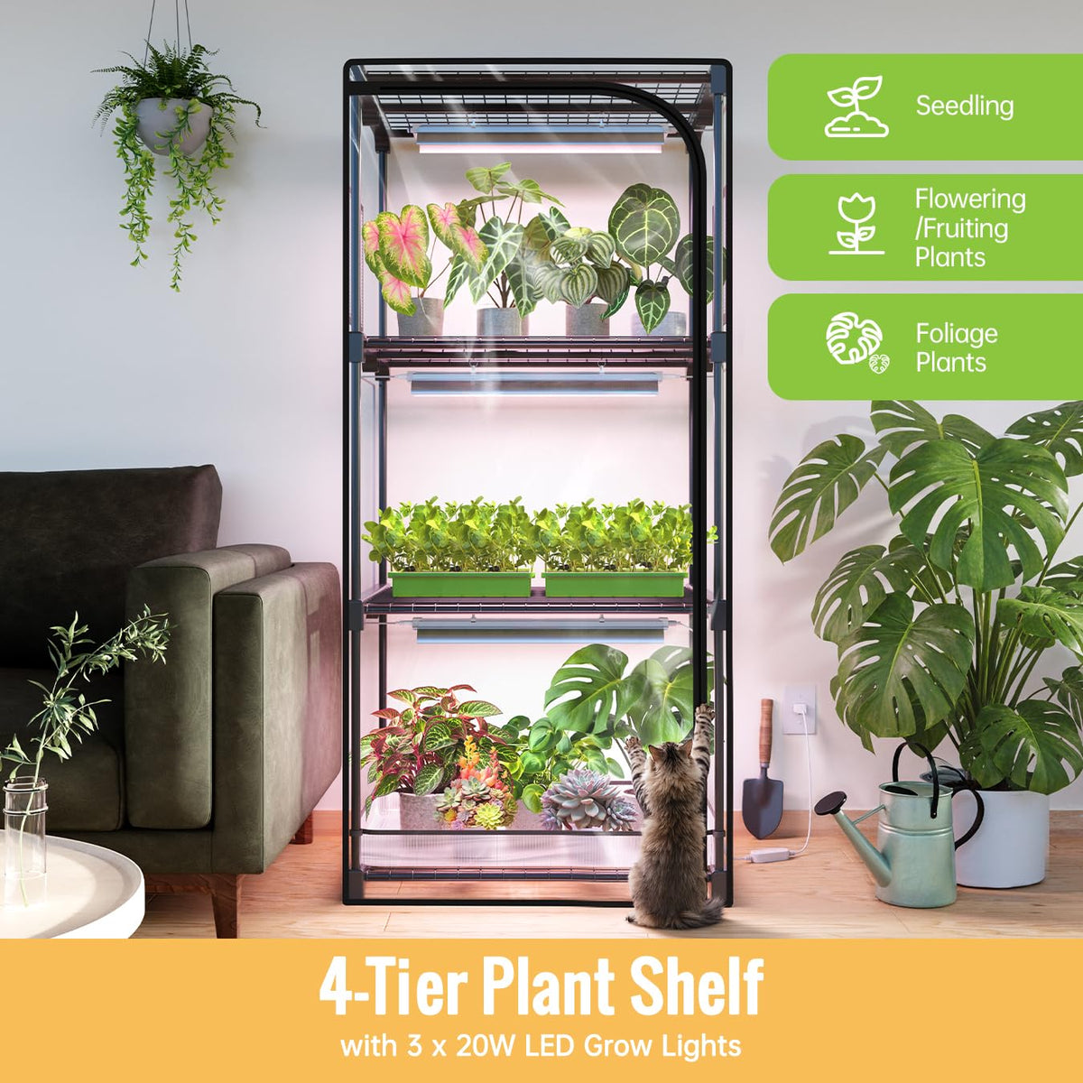 SpeePlant Indoor Greenhouse with Grow Light, 4-Tier Plant Stand with Zippered PVC Tent, Ventilation Window, Bottom Pouch, 20W Full Spectrum Plant Light with Timer for Seed Starting, 27"L x 19"W x 59"H