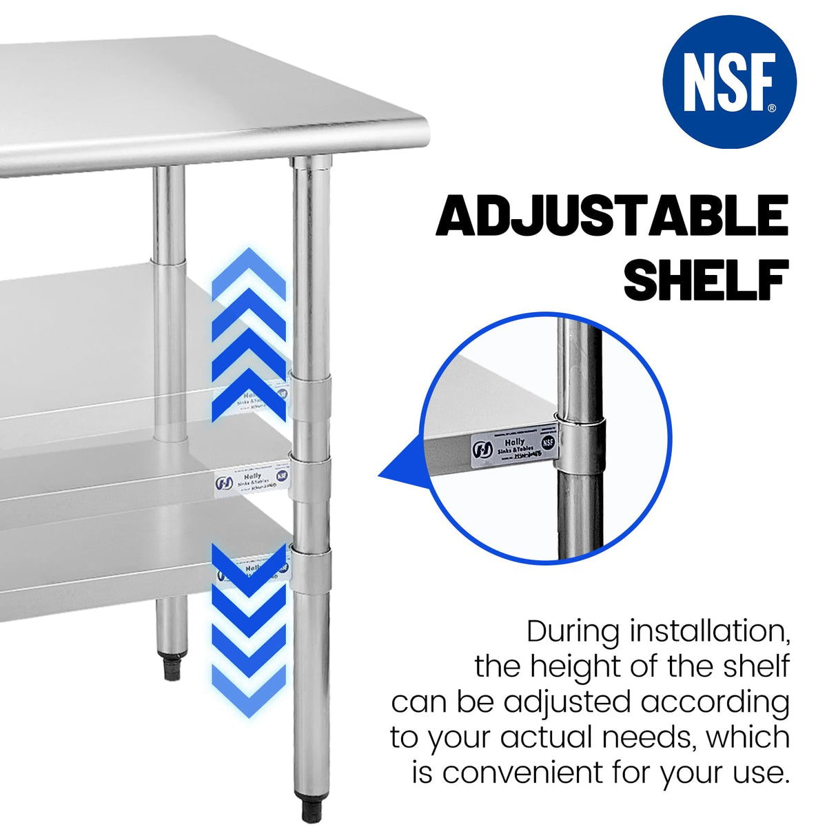 Hally Stainless Steel Table for Prep & Work 30 x 18 Inches, NSF Commercial Heavy Duty Table with Undershelf and Galvanized Legs for Restaurant, Home and Hotel