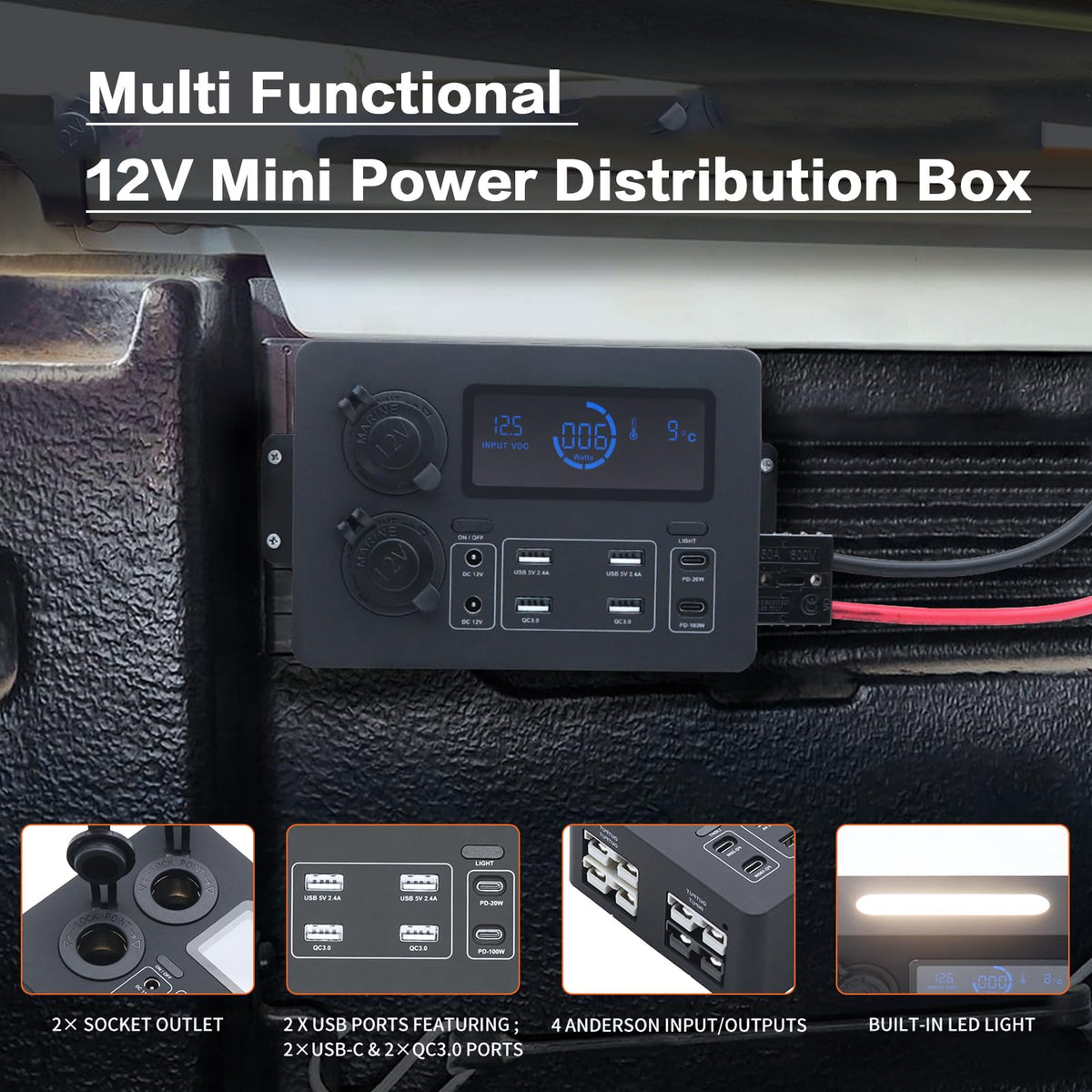 AMOMD 12-24 V Power Outlet Hub Distribution Box 13 Output Sockets Quick Plug+PD20W/100W+QC3.0 USB+CIG Power Sockets Plug-and-Play with LCD Display LED Light Suitable for All Deep-cycle Type