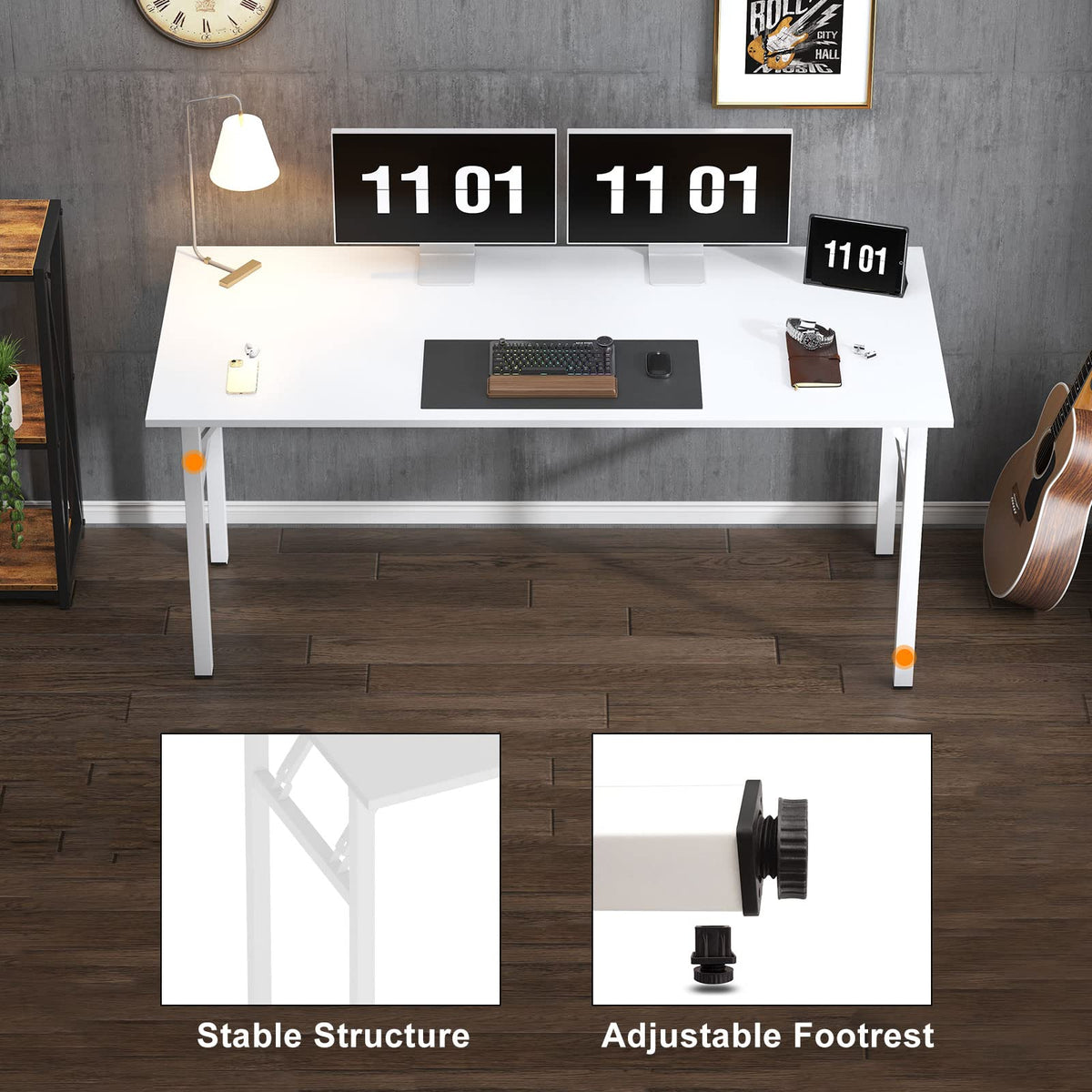 Need Folding Computer Desk, Large 62 inches Folding Table for Home Office, No Install Needed Foldable Writing Table Long Desk, Space-Saving, White