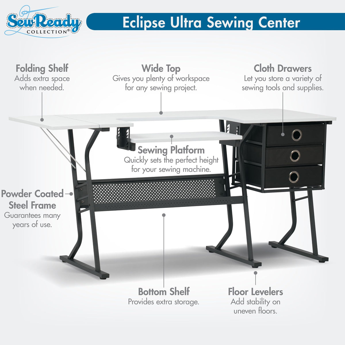 Sew Ready Eclipse Hobby Sewing Table, 60.25 x 23.75" Overall Platform Size with Large Lower Storage Drawer, 2 Side Shelves & Cloth Drawer, Black/White