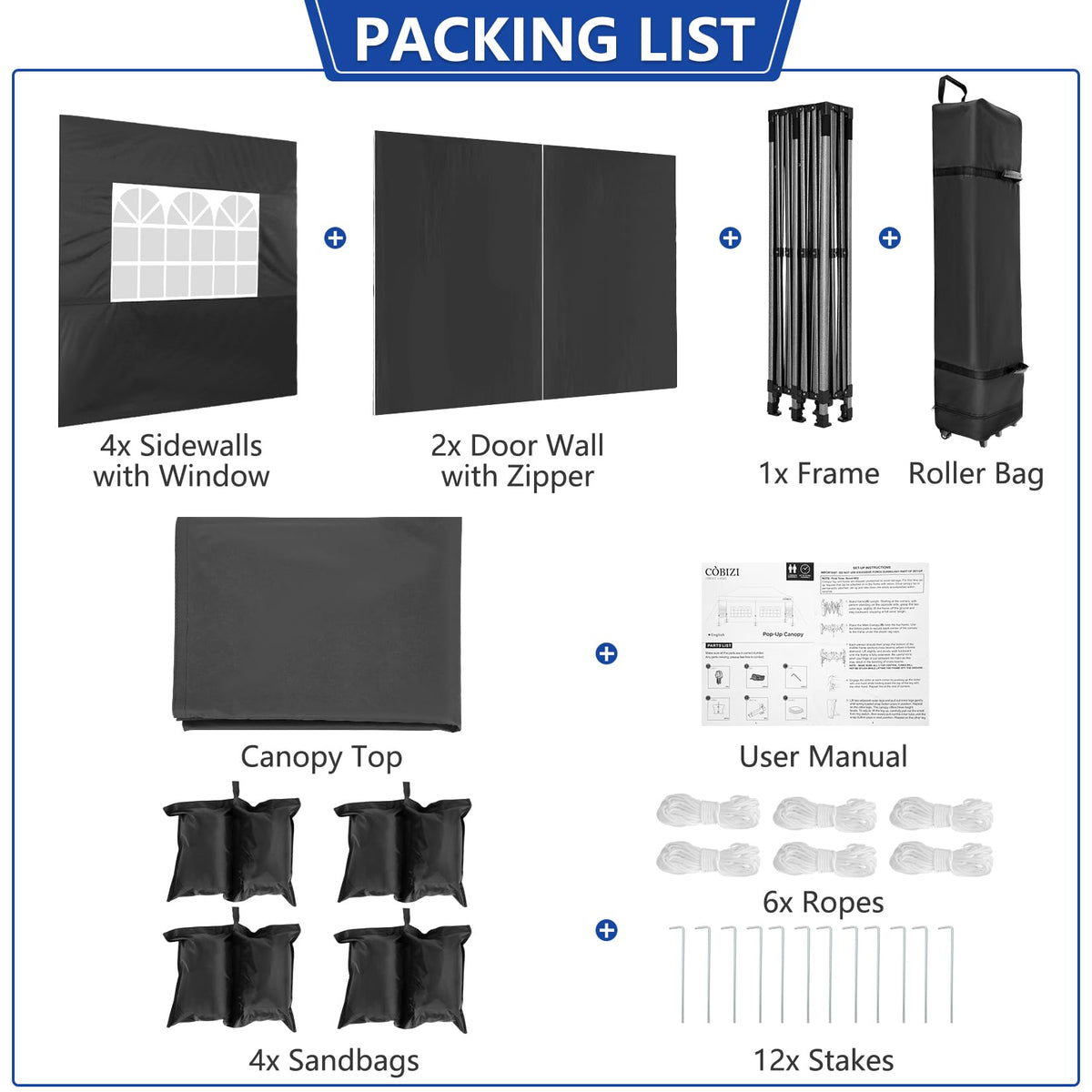 COBIZI 10x20 Heavy Duty Pop Up Canopy Tent with 6 Sidewalls Thicken Frame, Commercial Easy Up Outdoor Wedding Party Tents, All Season Waterproof Windproof with Stakes Sandbags Ropes Roller Bag, Black