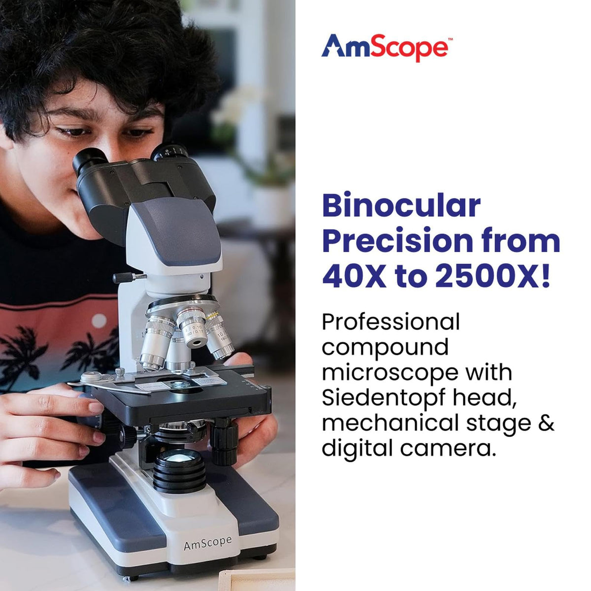 AmScope B120 Series Student & Professional LED Binocular Compound Microscope - 40X-2500X Magnification - Includes 0.3MP USB 2.0 Camera & Siedentopf Head