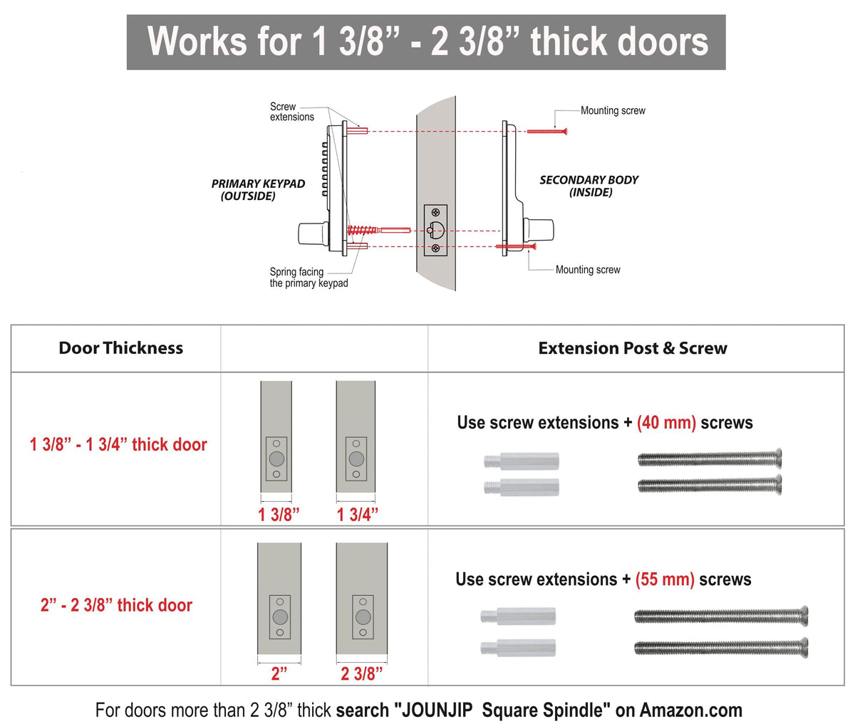 JOUNJIP Single-Sided Keyless Entry Door Lock - Bump Key Proof Mechanical Door Lock with Lever Handle - [Square Spindle] Easier Install - (Matte Black) - Outdoor Gate Lock with Keypad and Passage Mode