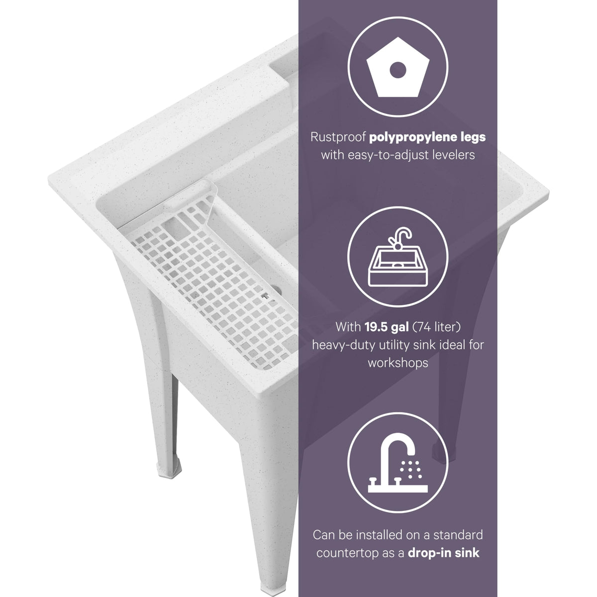 Freestanding Utility Sink with Stainless Steel Gooseneck Faucet - 24" Plastic Utility Sink for Garage, Laundry, Indoor and Oudoor Use - Laundry Tub Kit by Noah William Home - White (19.5 gal)