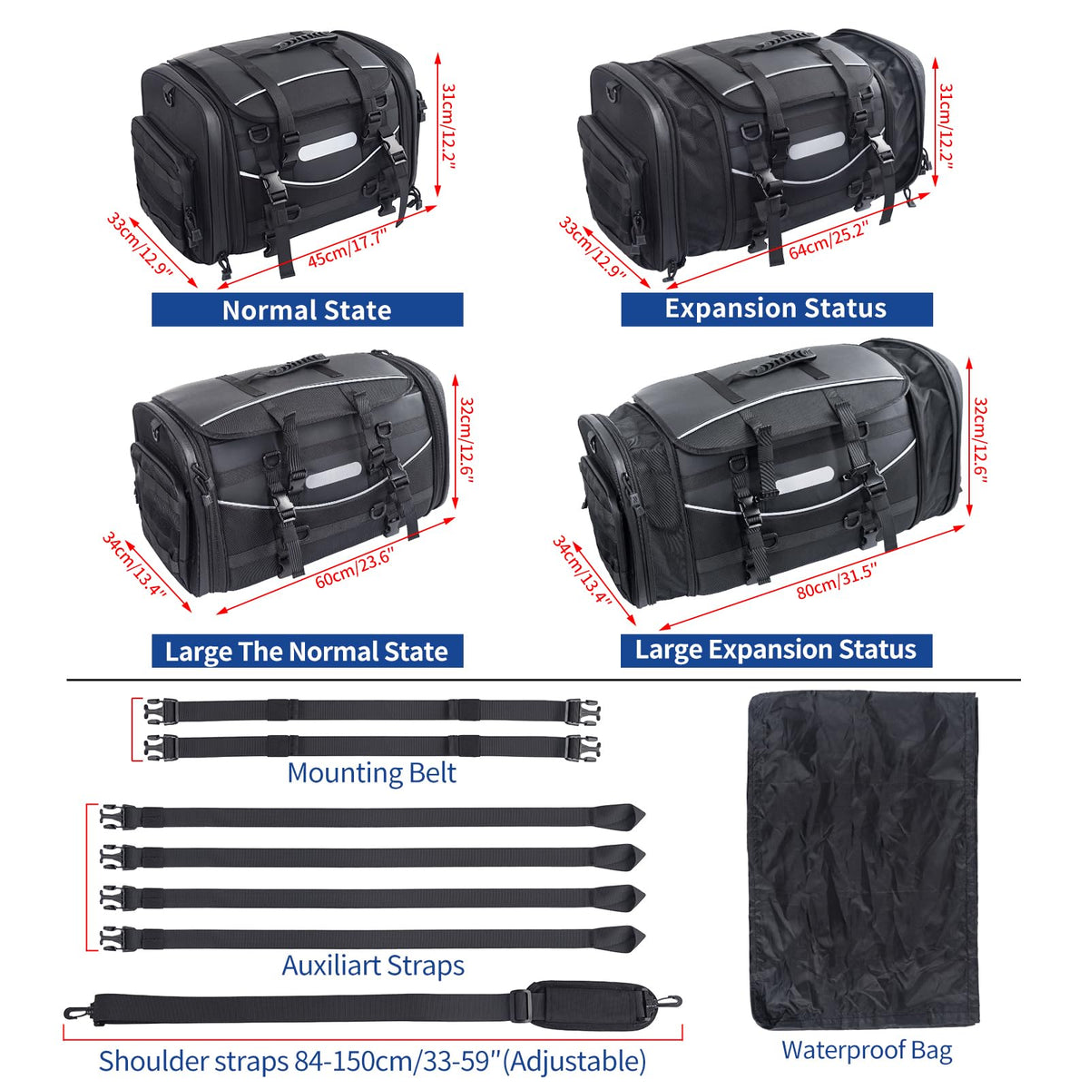 FVMOTO Universal Motorcycle Travel Luggage, Expandable Tail Bag 60-85L (15-22 Gallon), All Weather Rack Bag, Sissy Bar Bags, Helmet Bag, Tour Pack Bag Storage Backpack with 6 Straps, Waterproof cover