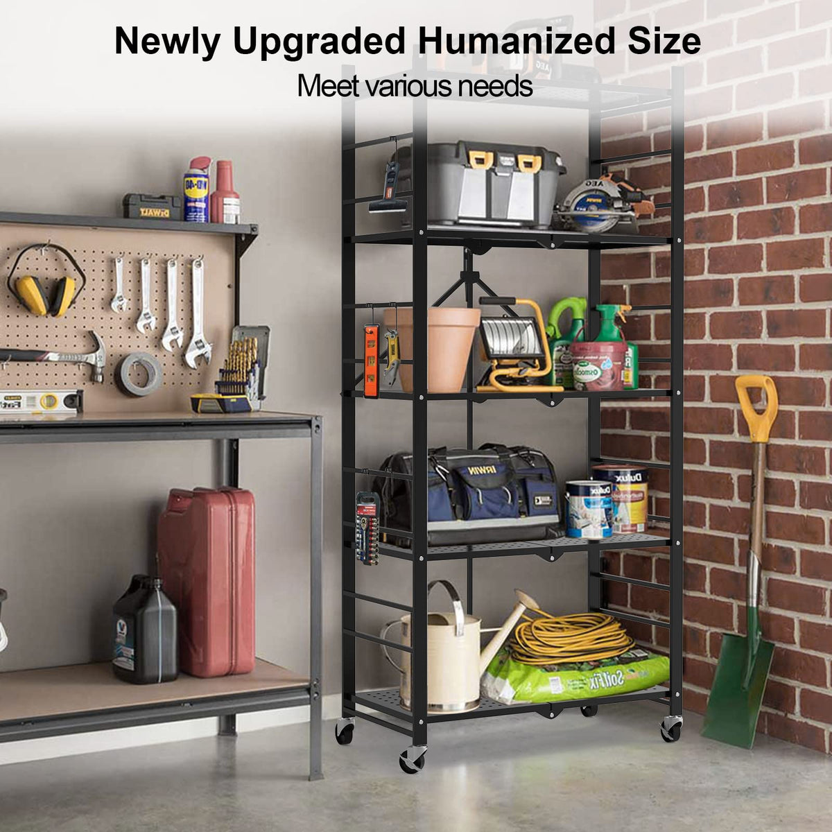 Himix Storage Shelves with Hooks, No Assembly Metal Folding Shelf on Wheels for Kitchen