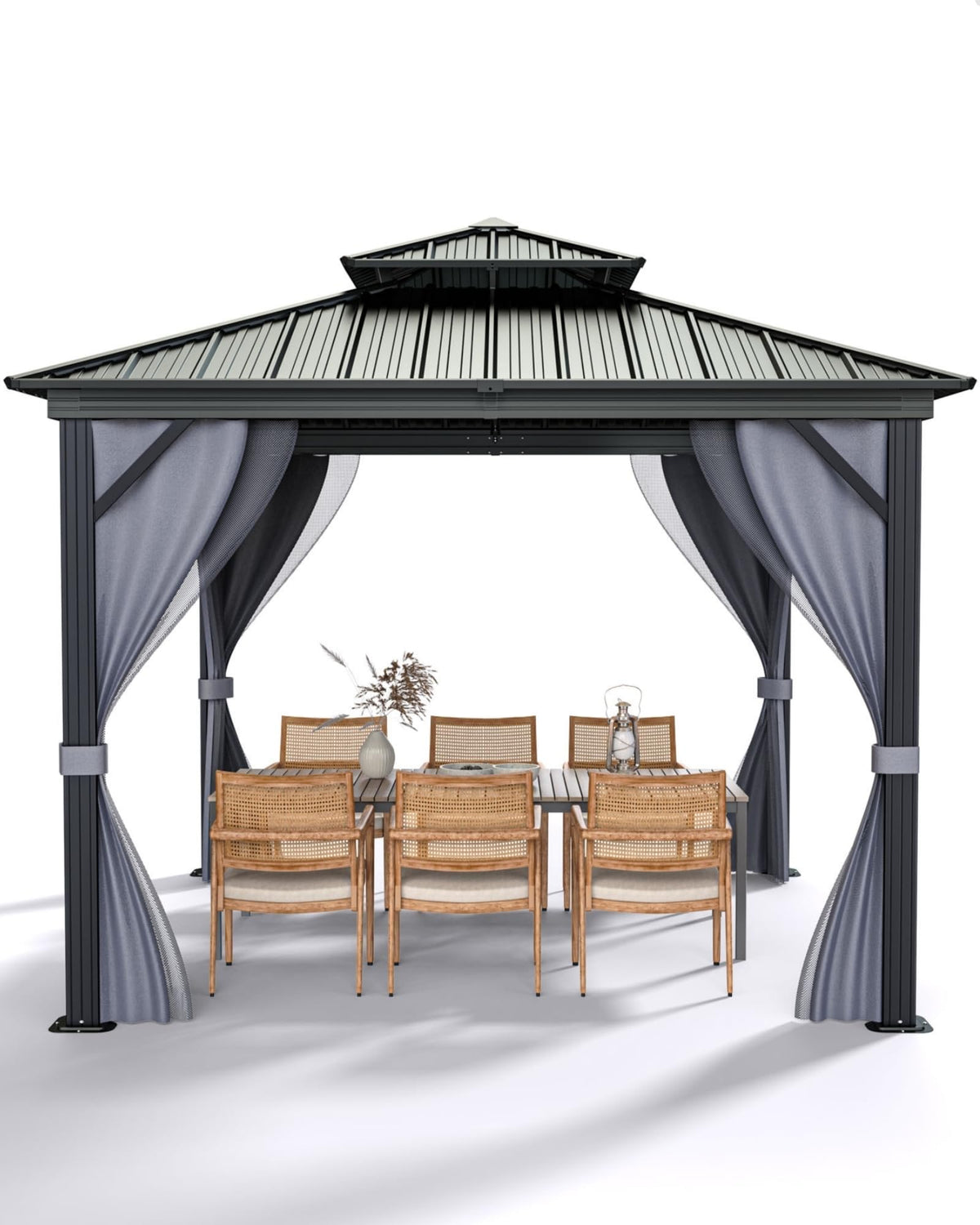 12'X12' Permanent Hardtop Gazebo, Aluminum Frame with Double Galvanized Steel Roof, Outdoor Patio Pavilion with Curtains & Netting for Backyard, Deck – Gray