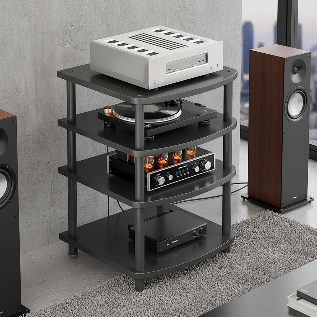 XEOKXOIT 4 Tier AV Media Stand, Audio Rack Tower Adjustable Height, TV Game Console Equipment Shelf, CD Record Player Stereo Component Rack Cabinet for Home Theater Studio (Black)