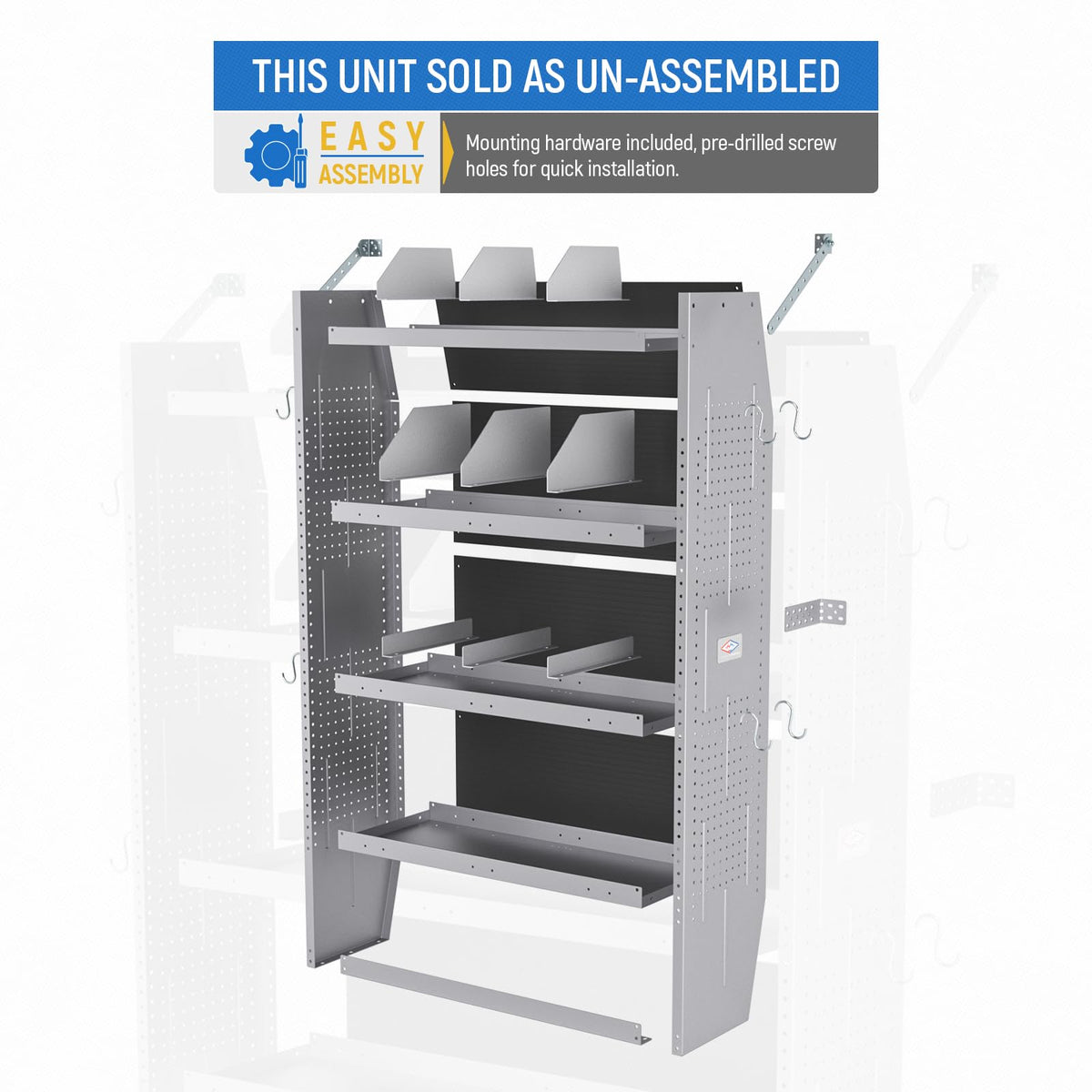 AA Products SH-6003 Steel Mid/High Roof Van Shelving Storage System Fits Transit, NV, Promaster and Sprinter, Van Shelving Units, 32''W x 60''H x 13''D