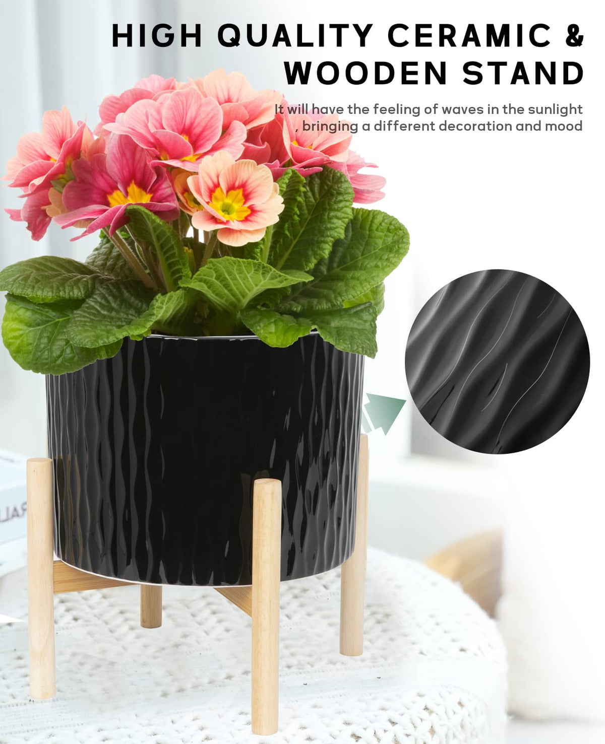 LaDoVita Ceramic Plant Pot with Stand, 10 Inch Planter with Wood Shelf, Modern Round Flower Pots Indoor with Wood Planter Holder, Black Water Ripple Pattern