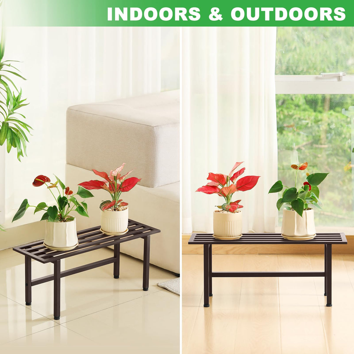 Dipion 2 Pack Metal Plant Stand Outdoor Plant Shelf Indoor,1 Tier Heavy Duty Plant Stands for Multiple Plants,26" L x 10.12" H x 8.75" W,Coffee
