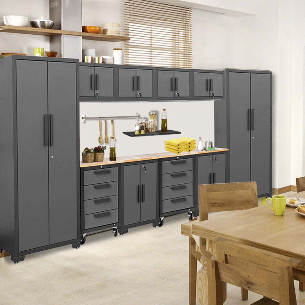 Torin 12 Piece Garage Storage Cabinet Set: Workshop Tool Organizer Chest with Lockers, Shelves and Wood Workbench, Black/Grey