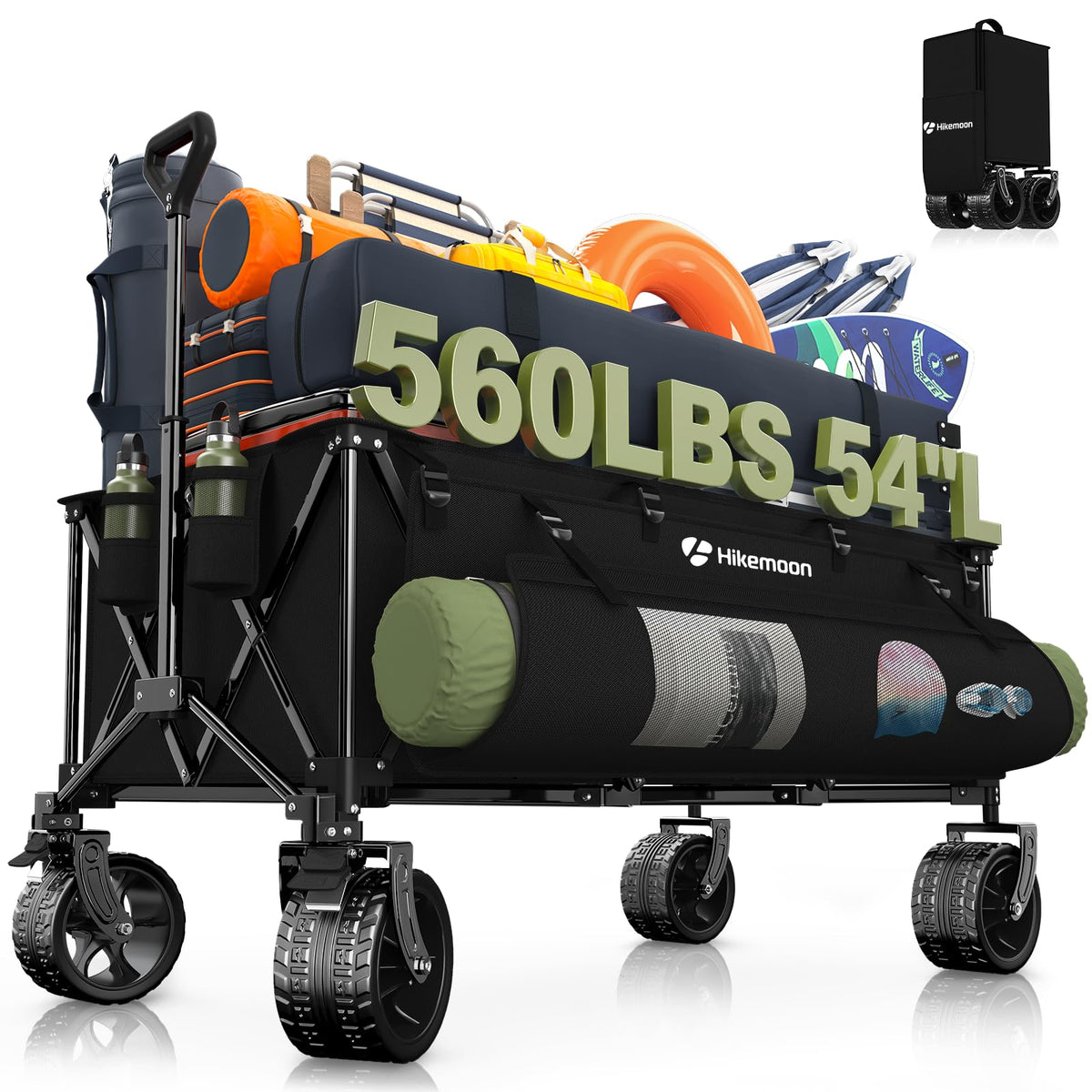 Hikemoon 400L Large Wagons Carts Foldable, 54" Extra Long Collapsible Beach Wagon with Big All-Terrain Wheels, 560LBS Heavy Duty Utility Folding Cart for Camping, Grocery, Sports, Garden, Black