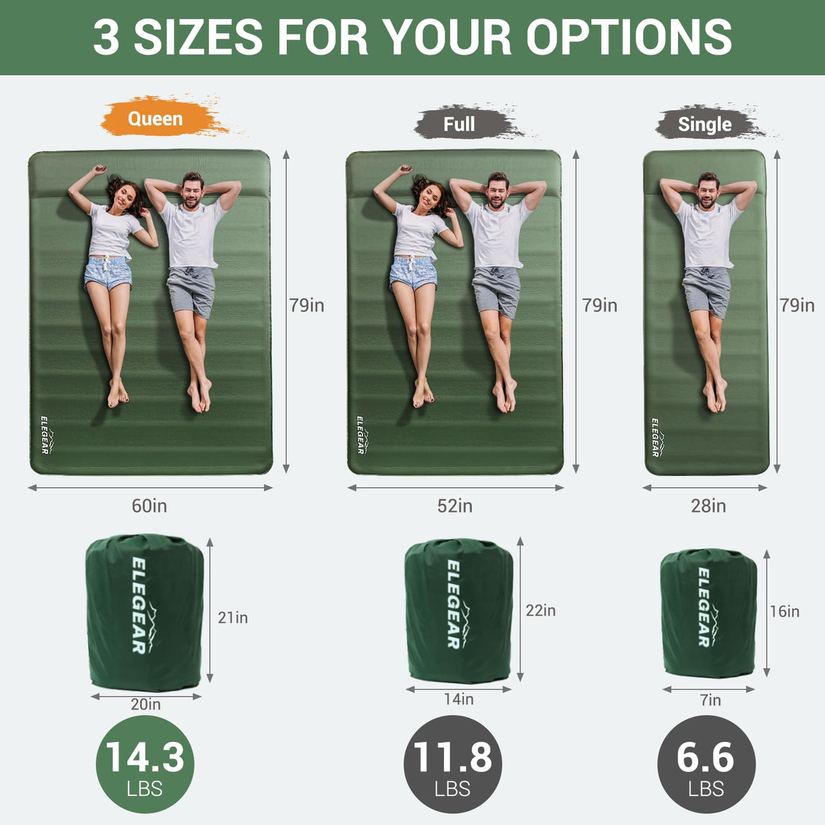 Elegear CumbreX™ Air & Foam Self Inflating Sleeping Pad, Built-in Electric Pump 4" Ultra-Thick Memory Foam Camping Mattress with Pillow Double Camping Pad 4-Season R-Value 9.5 Camp Mat - Gueen