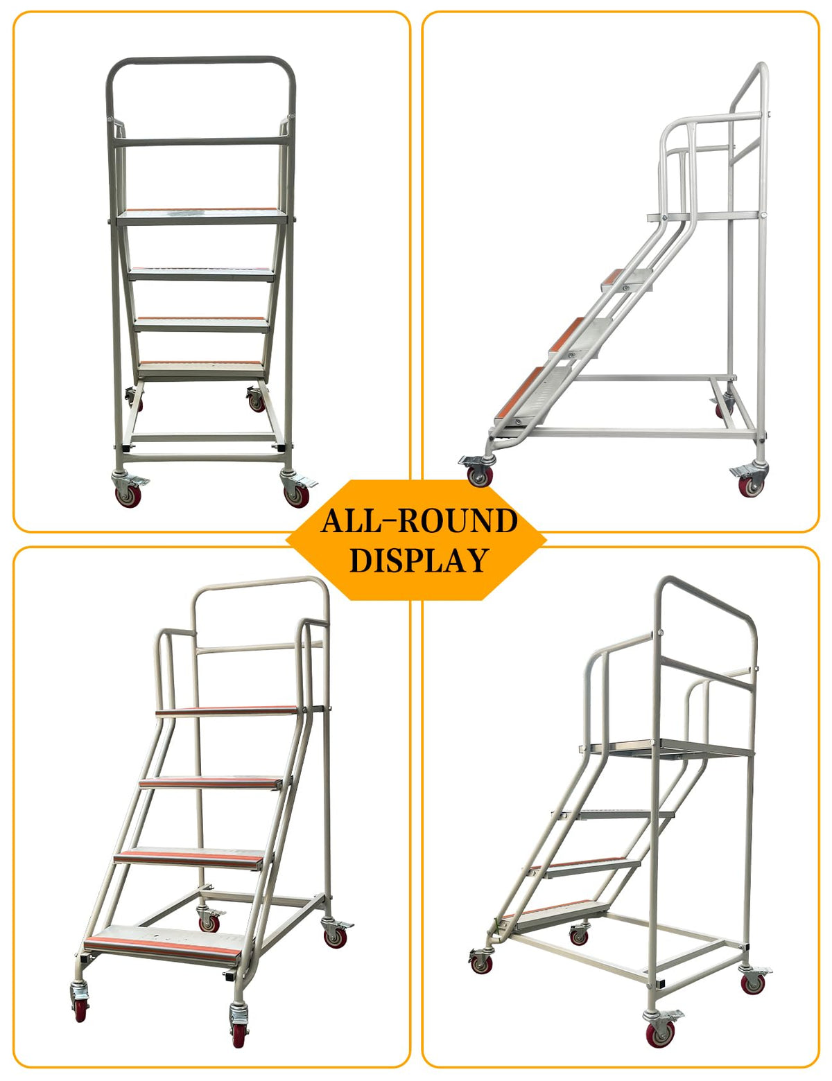 4 Steps Ladder with Wheels, Industrial & Warehouse Step Ladder, Rolling Steps Ladder with Vinyl Stair Edge Protector, 23.6IN Wide, 39.4IN top Step Height, 445LBs Capacity.