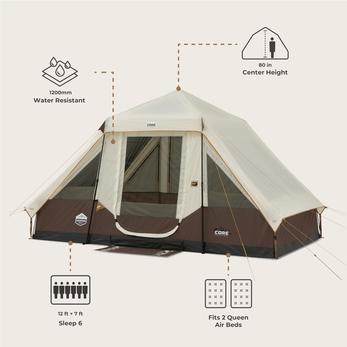 CORE 6 Person Instant Cabin Tent with LED Lights | Large Family Lighted Pop Up Tent with Carry Bag for Camping, Glamping, and Backyard Adventures | Included Storage Pockets for Camp Accessories