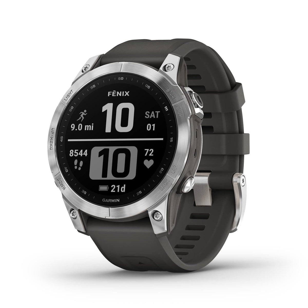 Garmin Fenix 7, Adventure smartwatch, Rugged Outdoor Watch with GPS, Touchscreen, Health and Wellness Features, Silver with Graphite Band - 010-02540-00